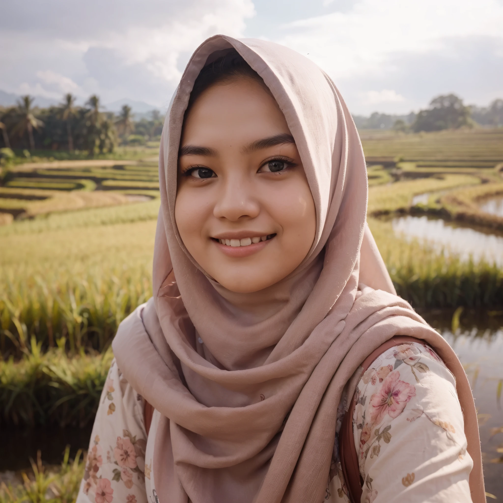 masterpiece of a girl, (Indonesia), wearing a hijab, chubby cheeks, plump body, smiling, during the day, the rice fields look bright, sunlight, taken with a Sony A7 mark V camera, 35mm fixed lens, f /1.8 ISO 300, natural lighting, realistic, 8k photorealism