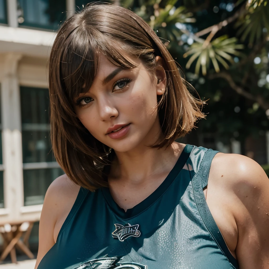 Amateur photo of a gorgeous woman teasing, looking at viewer, ((tongue out)) , sexy, plump, perfect body, (oversized sports jersey), (((philadelphia eagles jersey))), girl next door, white skin, subtle smile, lips apart, red lipstick, black eyeliner, face ( (taylorswift) | gemma chan | chubby drew barrymore | kirsten dunst ) , auburn, light brown hair, red hair, short hair, hair attached, hair bun, (hair fringe) , ((big natural breasts)) , ((long saggy breasts)) , amateur photo, iPhone X,
