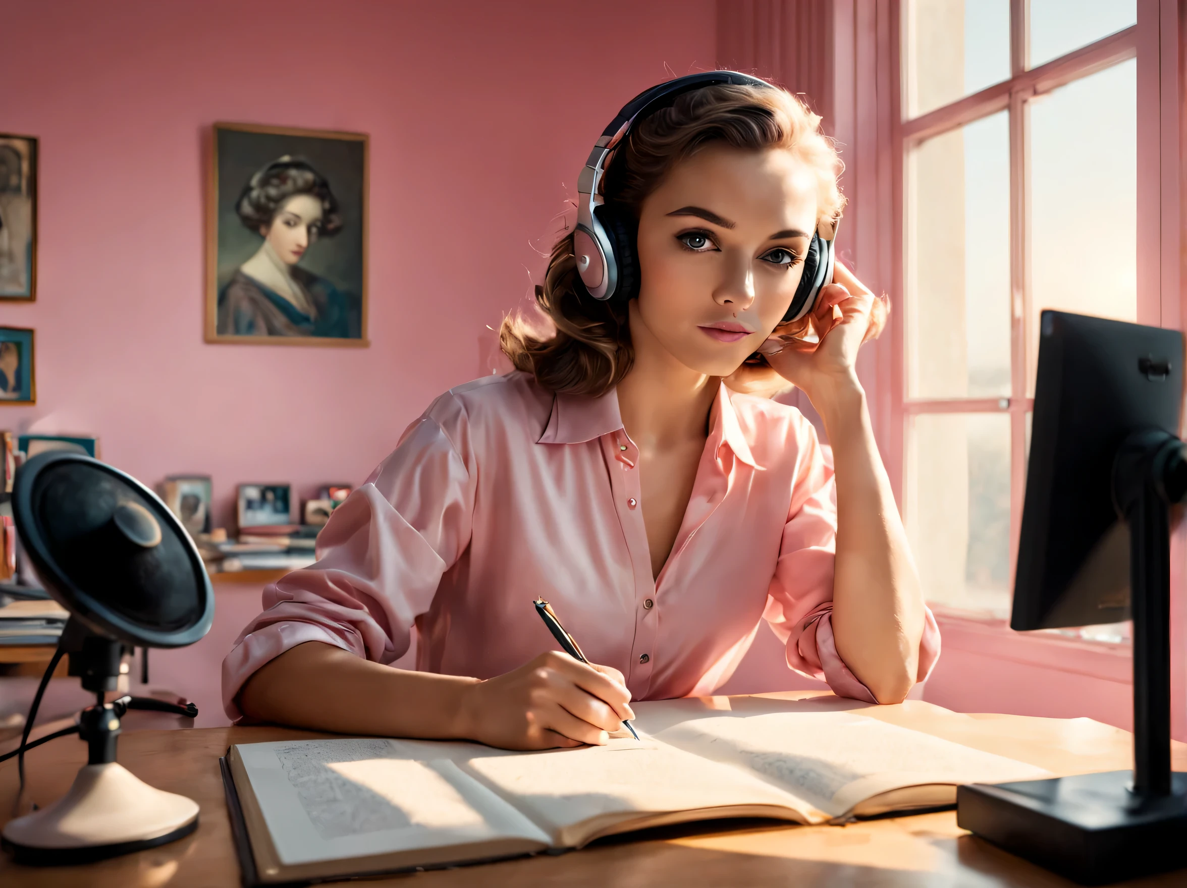 Extremely Beautiful woman studying in a study room, holding a pen, wearing headphones and listening to music, Artistic photography, charming, cinematic, Coby Whitmore, Man Ray, Christian Dior, Jean Marc Nattier, Edmund Dulac, large eyes, perfect face, delicate, slight smile, coquettish pose, pink shirts, bright shadows, light on face, background window with sunrise, shoulder long hair.