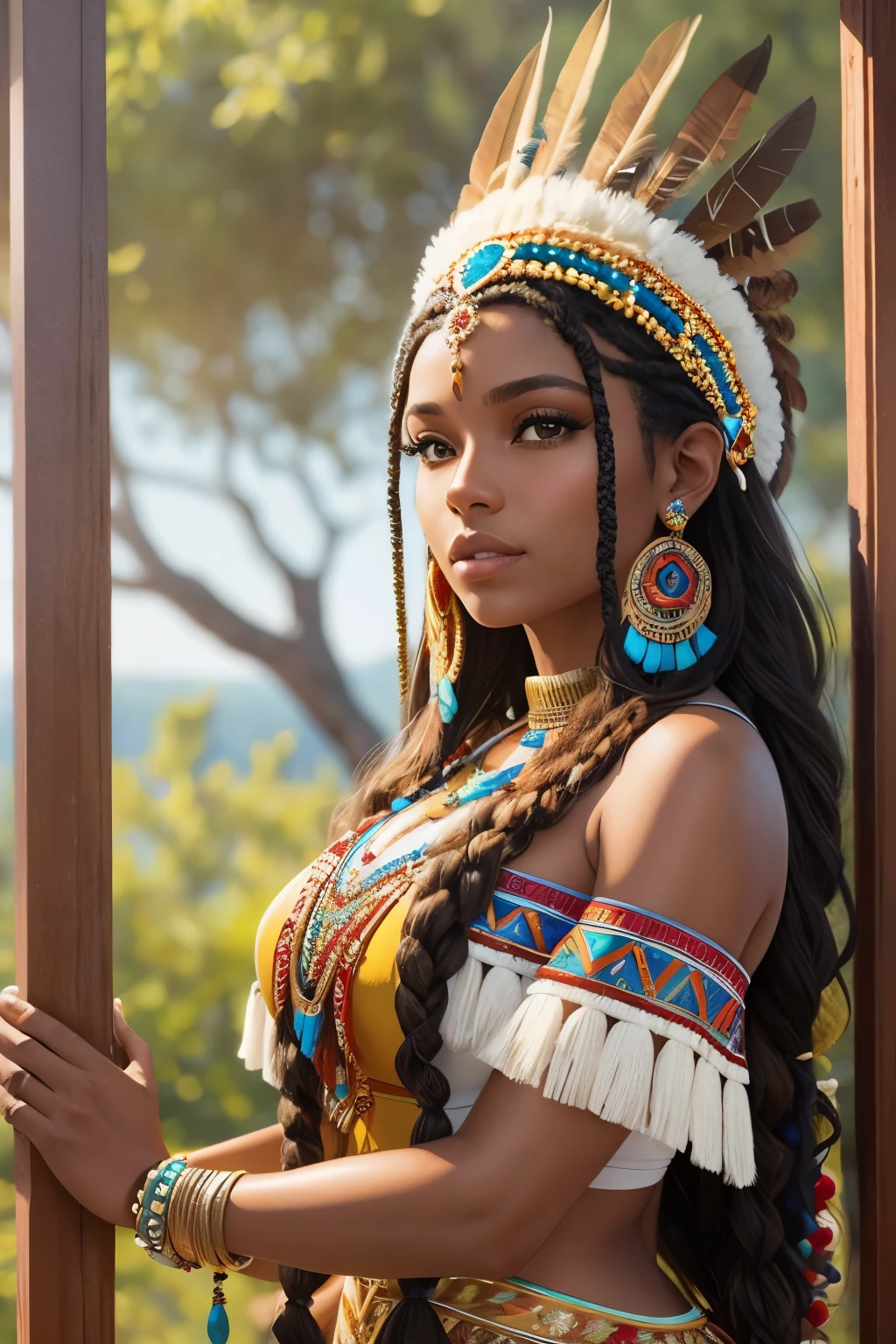 An ultra realistic 8k image of a beautiful indigenous woman, with a brown skin tone, embodying the beauty of Brazilian Indians with a peaceful smile on her face, adorned with colorful feathers in her hair. The intricate details of her features reveal the depth and texture of her skin and the calmness in her expression. The scene is bathed in soft, natural lighting, adding to the overall sense of serenity and elegance. (--s2)
