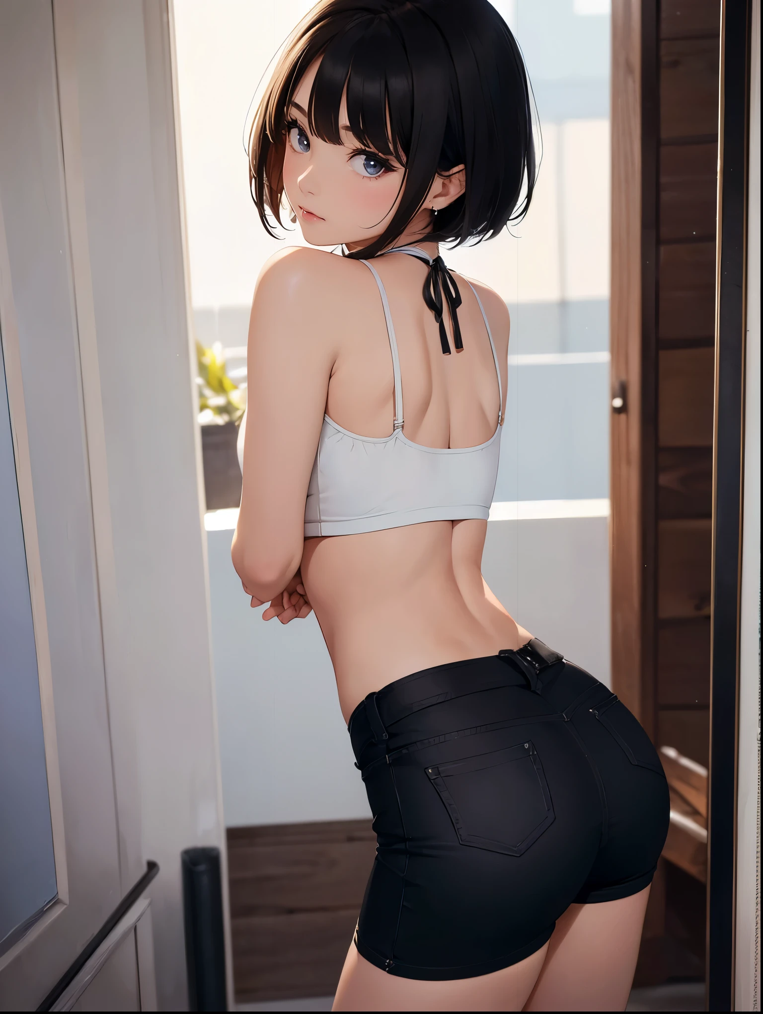 ((top-quality, 8K, masterpiece:1.3)), A detailed eye, (showing ass), Look at the camera, back view, ((Everything is sparkling、reflecting light:1.2)), (Best Ratio: 4 fingers, 1 thumb), 1girl, (professional photographer), (cute asian mix western face, blushing), brown eyes, (black hair, very short hair, pixie cuts), red lips, (white tank top, midriff, slim, slim waist, flat, navel), short pants, ((( Standing , arched back))), looking at viewer, outdoor , head tilt, full body, suggestive Lower angle shot,