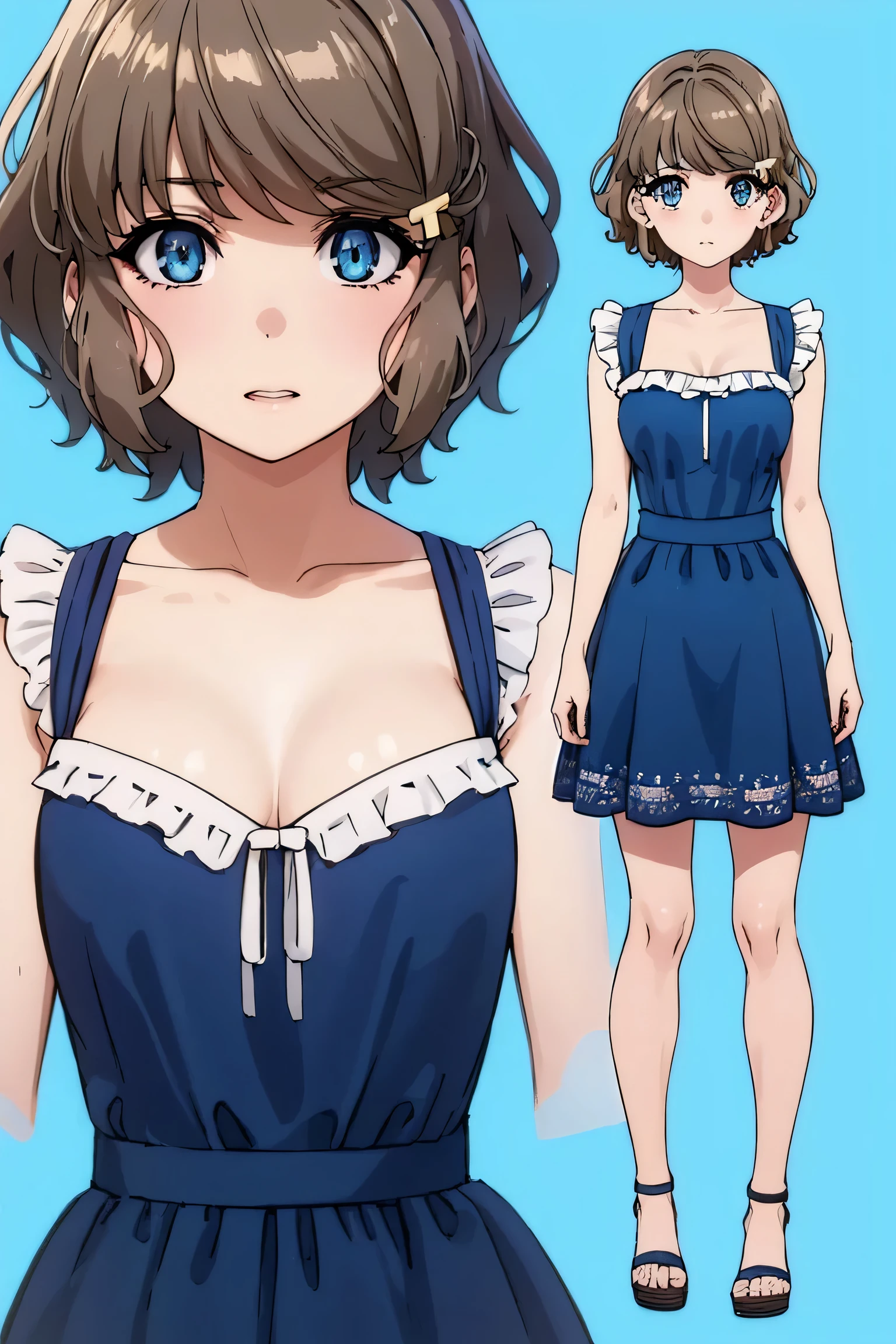 tomoekoga, tomoe koga, short hair, brown hair, blue eyes, hair clip,
BREAK (blue dress:1.2)
BREAK at stage
BREAK (multiple views:1.5),from behind,from_front,(blue background:1.3),(full body:1.4),arms at sides,
BREAK (masterpiece:1.2), best quality, high resolution, unity 8k wallpaper, (illustration:0.8), (beautiful detailed eyes:1.6), extremely detailed face, perfect lighting, extremely detailed CG, (perfect hands, perfect anatomy),