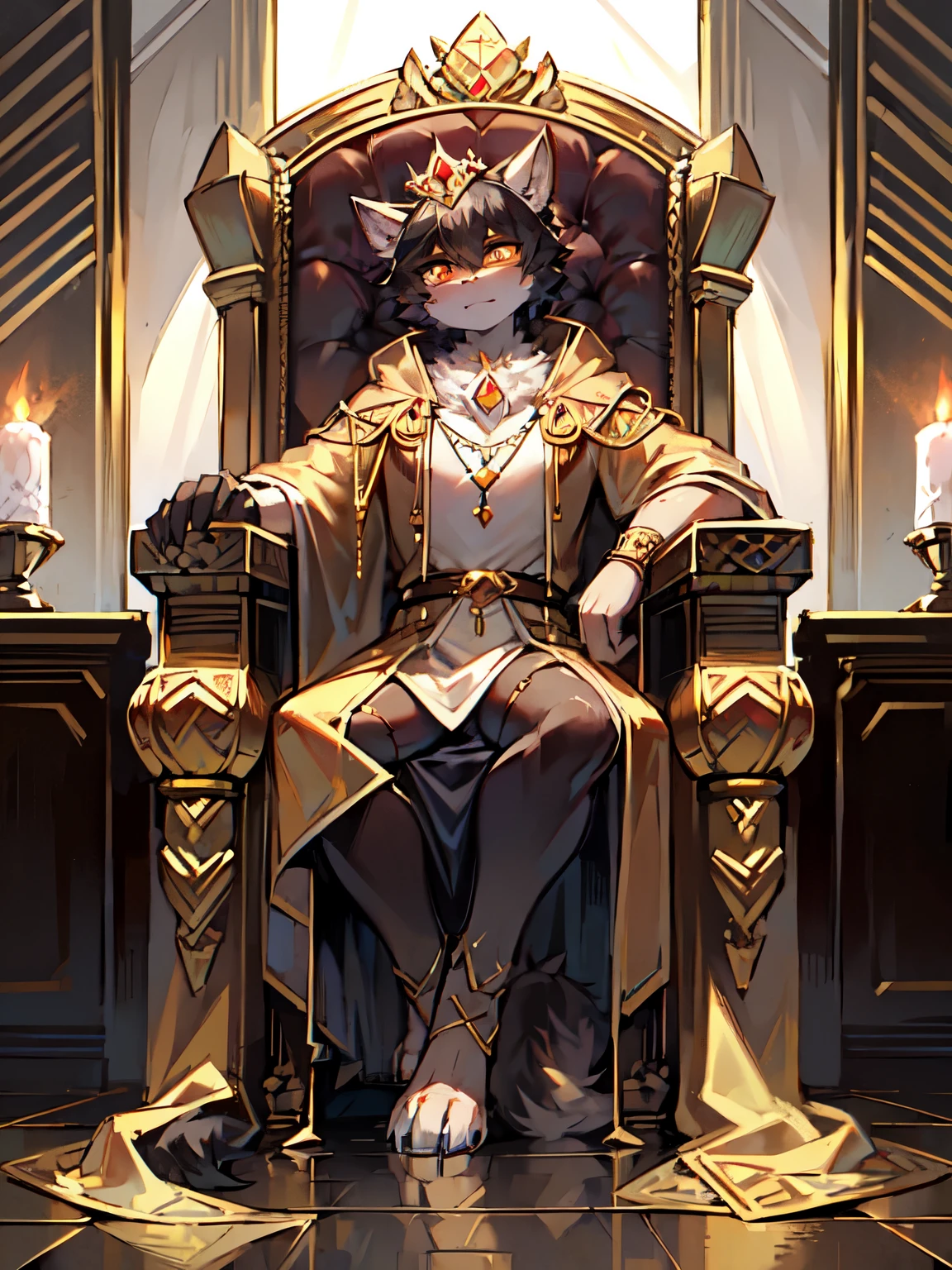 Black wolf wearing yellow robe,Orange pupils,White skin,gorgeous palace,throne,Dragon chair,Wearing a crown,golden cane resting on chair,Golden Palace,Huge floor-to-ceiling windows,palace guard,Luxurious yellow robe,brilliant,Handsome,huge crown,brilliant,blue sky,clear face,Hold a cylindrical object,Gold and silver jewelry,jewelry,Heavy clothes,your legs,fluffy tail,big tail,brown cloak,