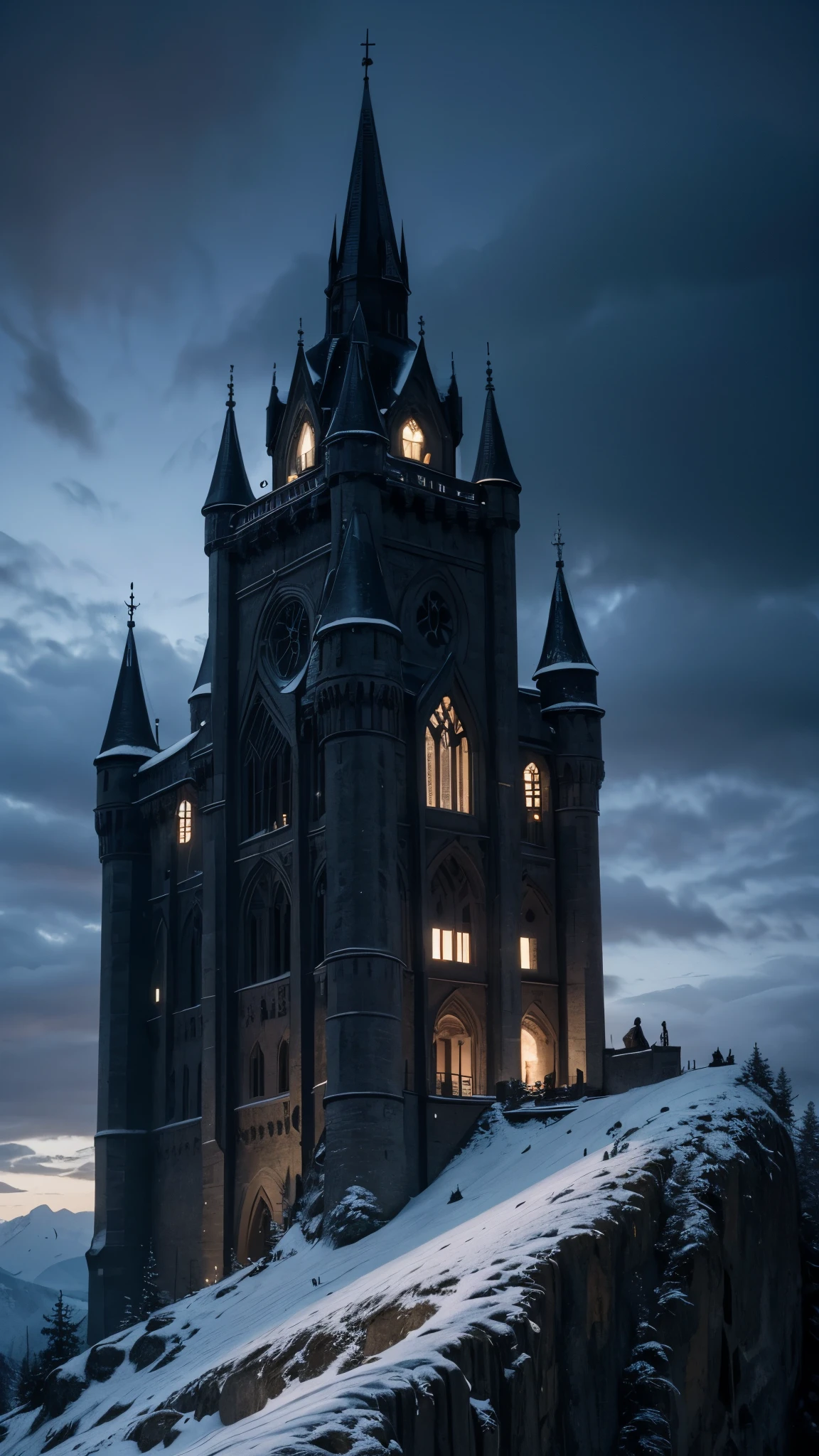 A foreboding silhouette of a Castle perched in a snow-capped mountain in Alps, dark clouds and ravens swirling ominously above. hyperrealistic.