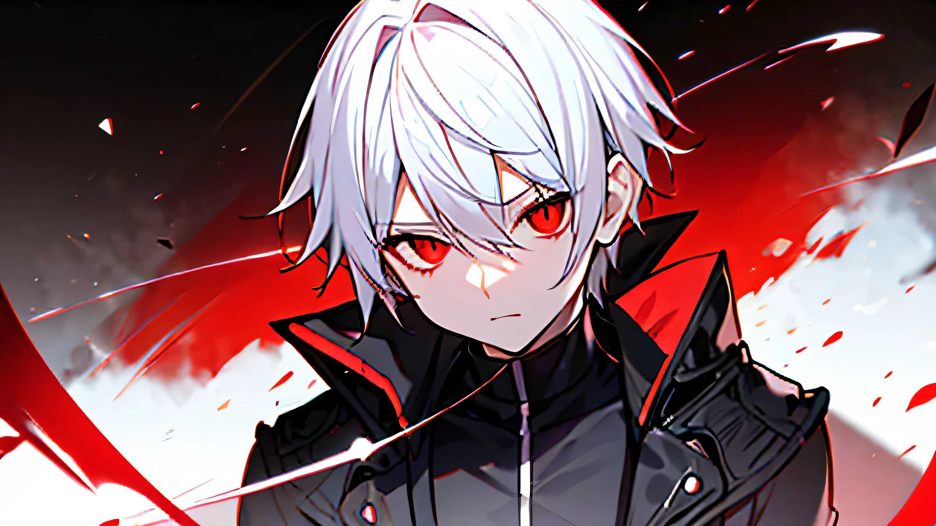 High resolution,close range、Anime boy with white hair and red eyes stares at camera, glowing red eyes,slim, dressed in a black outfit,shadow body,white skin,monochrome,hair is dirty,pretty face、diagonal angle、 short hair、High resolution,close range、Anime boy with white hair and red eyes stares at camera, glowing red eyes,slim, dressed in a black outfit,shadow body,white skin,monochrome,hair is dirty,pretty face、diagonal angle