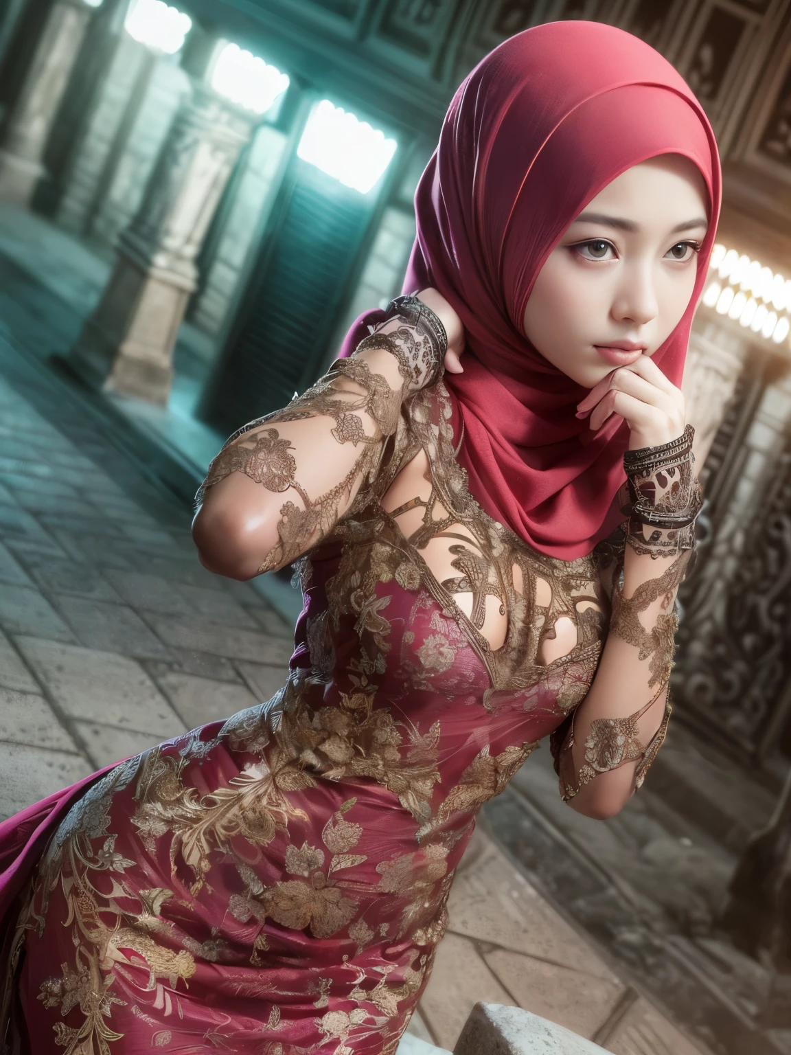 a (medium close up:1.4), low angle, (seen from below:1.3), realistic photograph of (a woman with intricate detailed long hijab:1.3), extremely detailed photograph, (a beautiful girls:1.4), innocent expression, friendly looks,(a woman with loose dress, long sleeve, black and red:1.2), (slender posture:1.3, slim fit body:1.3), (hand on waist:1.3), back to front, wonderful background, photon mapping, dynamic lighting, hot ambient, posing back on the footpath of the grave yard
