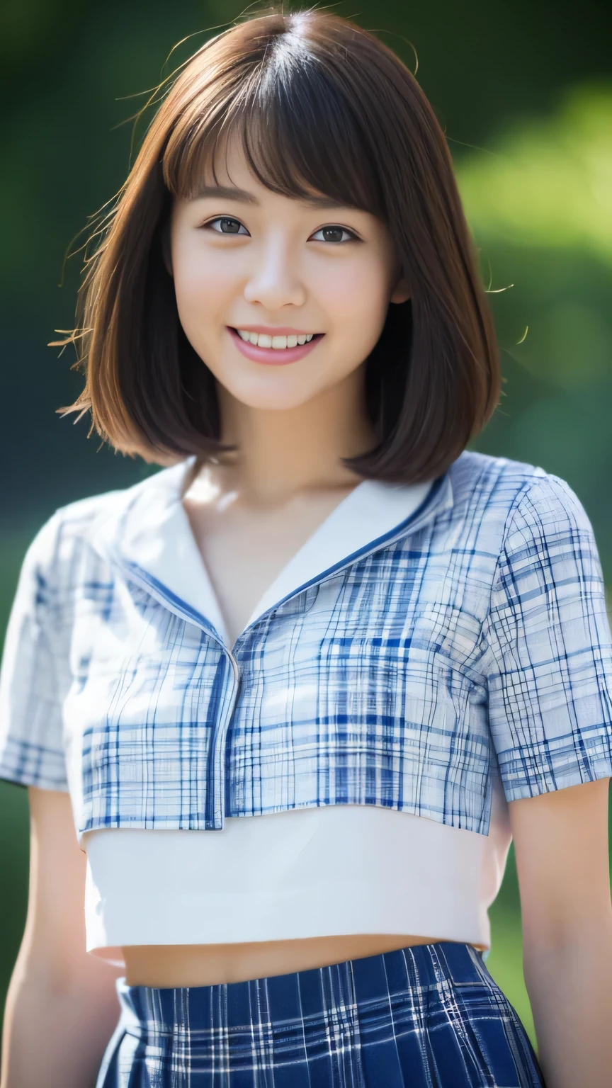 (photo of the upper body), Not NSFW、small_breasts, happy smiling, ((Perfect Face)), brunette, 1 beautiful girl, detailed skin, detailed background, finely detailed, 8k uhd, dslr, detailed fingers, skintight, cute girl, ((Best quality)), ((masterpiece)), ((photorealistic)), ((ultra high res)), (8K raw photo), 14year old, beautiful face, ((Miraculously pretty girl:1.2)),14years,、a miniskirt、Neat sailor suit、realisitic、Super high resolution、(the body turns in the direction of the viewer), ((anatomically accurate body)), The chest of the shirt is deep and wide open.、((photo from the waist up))、((Pleated skirt with dark blue plaid pattern))、I can see the belly button、No underwear、No bra、shirt is short、the abdomen is visible、detailed eyes、((white Short-sleeved shirt))、