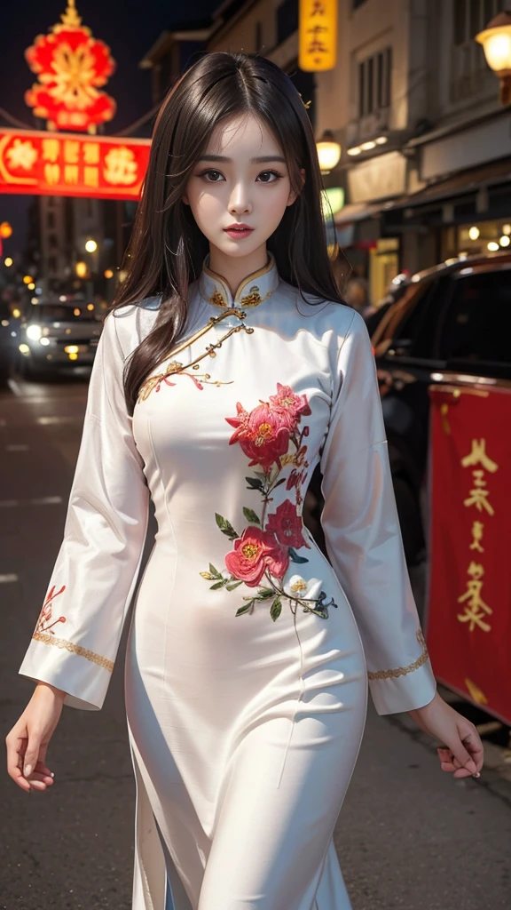 (masutepiece:1.3),(8K,photographrealistic,Raw photography,top-quality: 1.4),(Ultra-realistic capture),(Highly detailed),(High resolution 16k close-up of human skin),(Skin texture must be natural),(Detailed enough to finely identify pores), (Skin should look healthy), (In a uniform tone), (super definition),(Anatomically correct),((1girl in,Solo)),((Shooting for one person only)),Beautiful expression,(Realistic face),Korean model(A dark-haired,Center division,long:1.3),Chinese models(A dark-haired,Center division,long:1.3),More Korean than Chinese,Realistic eyes,Beautiful details,Beautiful skins,A charming smile,超A high resolution,(Hyper-realistic),Anatomically correct,Textured skin,Sharp jawline,Perfect proportions ,(Plump bust),Necklace,(Vietnamese national costume), Vietnam Night City, Background is downtown Vietnam at night, ((full_Body)), ((National customs Ao Dai)), ( White color),Ao Dai seen through underwear, (long hem), Hanoi City, (showing your whole body), (Ao dai with embroidery)