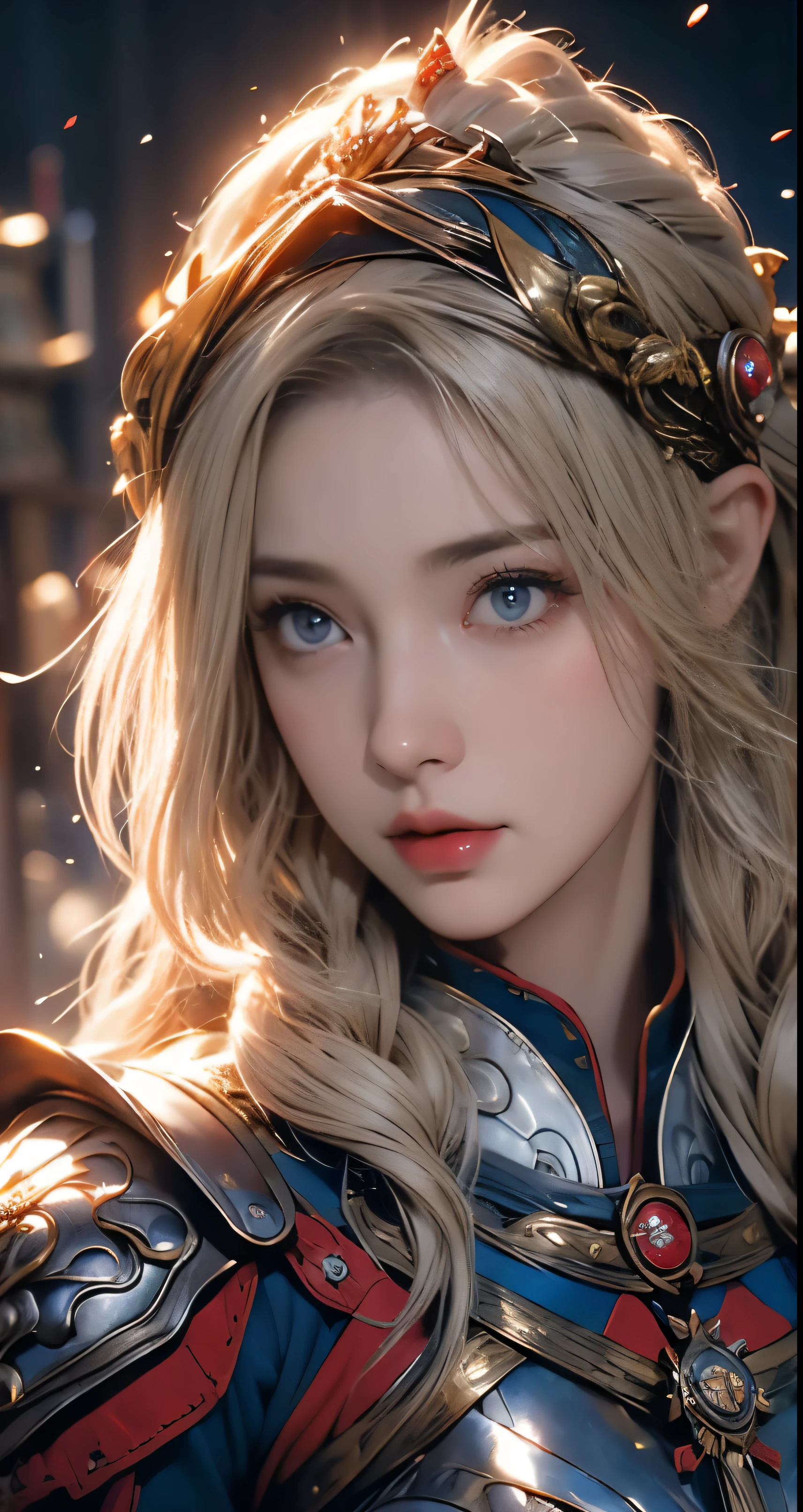 wearing a hijab and dimples, around , (plain red hijab), tmasterpiece,Best quality at best,A high resolution,8K,((Portrait)),(Head close-up),Original photo,real photograph,digital photography,(Female adventurers in the medieval fantasy style),(Medieval Valkyrie in fantasy style),18-year-old girl,(Hair gradients of blonde and red),blue短发,Red eyelue and long gradient short hair,blue),(super huge round perfect breasts),An extravagant ornament,cparted lips,Keep your mouth shuegant and charming,((Blushing)),haughty contempt,Calm and handsome,(Medieval fantasy combat suit,Joint Armor,Lightweight golden protection,The Beautiful Magic Badge,Medieval armor combined with leather and silver,A delicate pattern,Cloak),(Woman warrior),Photo pose,medieval characters,medieval fantasy style,Ancient castle background,ruin, oc render reflection texture, sexy style, golden sexy breast bra armor , angelic silver tiara,