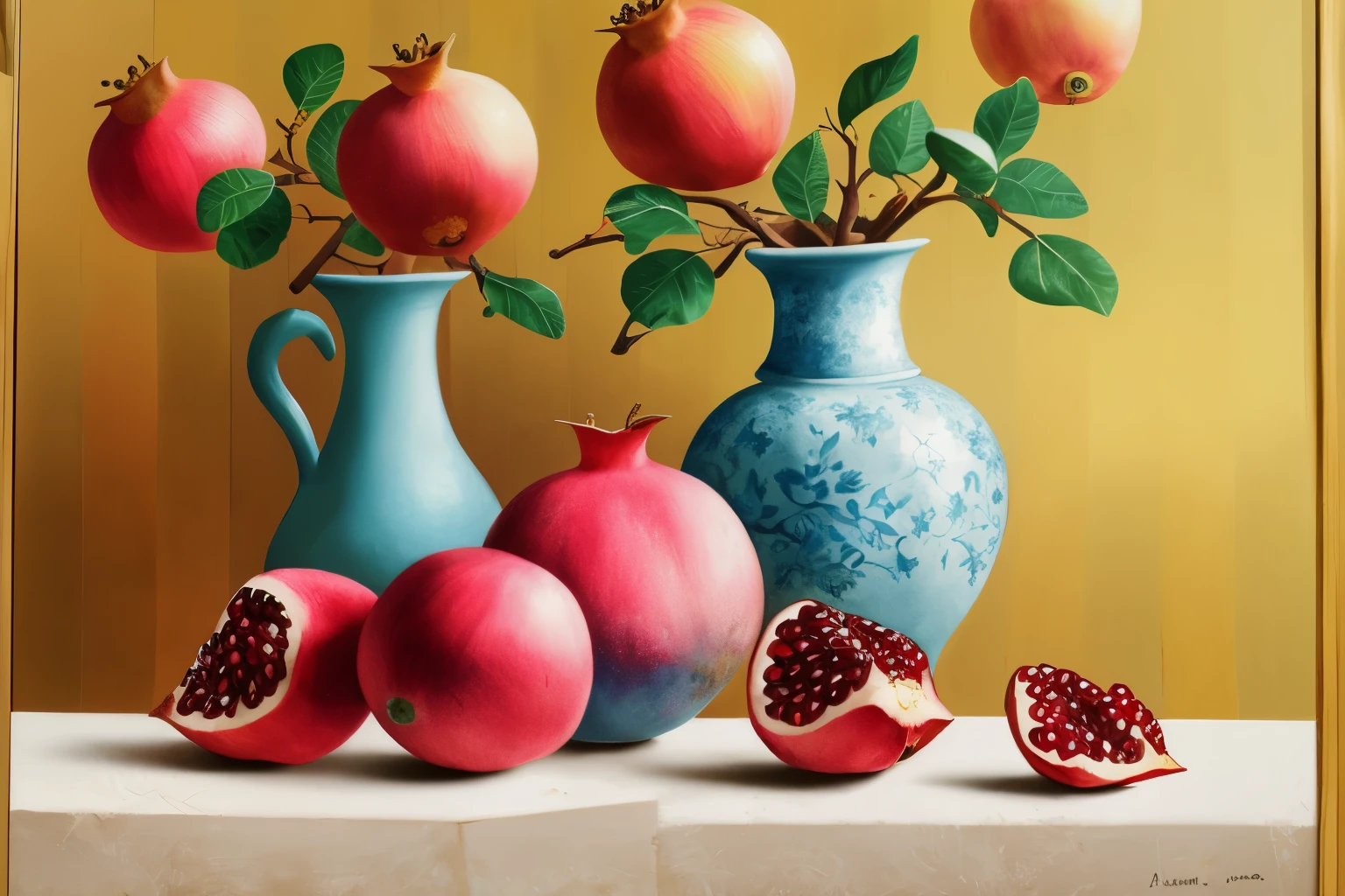 pintura de um vaso de flores e pomegranates sobre uma mesa, Natureza morta com vaso branco, inspirado em Annabel Kidston, inspirado em Jean Colombe, por Alice Rahon, inspirado em Taravat Jalali Farahani, inspirado em Joan Brown, inspirado em Ahmed Yacoubi, pomegranate, oil painting in modern style