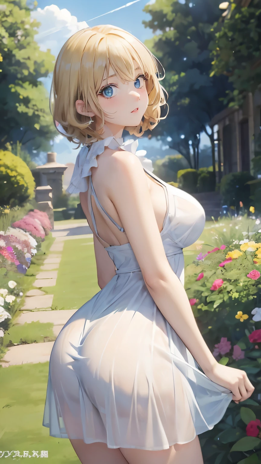 (masterpiece:1.2), (highest quality:1.2),, Curvy but slender body, perfect eyes, perfect face, perfect lighting, 1 girl, in the garden, (whole bodyが見える),(Buttocks visible),(ruffle dress),(Exposed),(smile),(standing position),(Dancing),curly hair, Fine clothes, Detailed outdoor background, compensate, eye shadow, thick eyelashes, fantasy, looking at the viewer, whole body,alice in wonderland、blue sky、Bright and very beautiful face、young shiny glossy white shiny skin、the best beauty、The most beautiful bright blonde hair in the world、thin hair、short hair、Shining beautiful bangs、Glowing crystal clear big blue eyes、Very beautiful lovely 17 year old most beautiful girl in the world、ample breasts