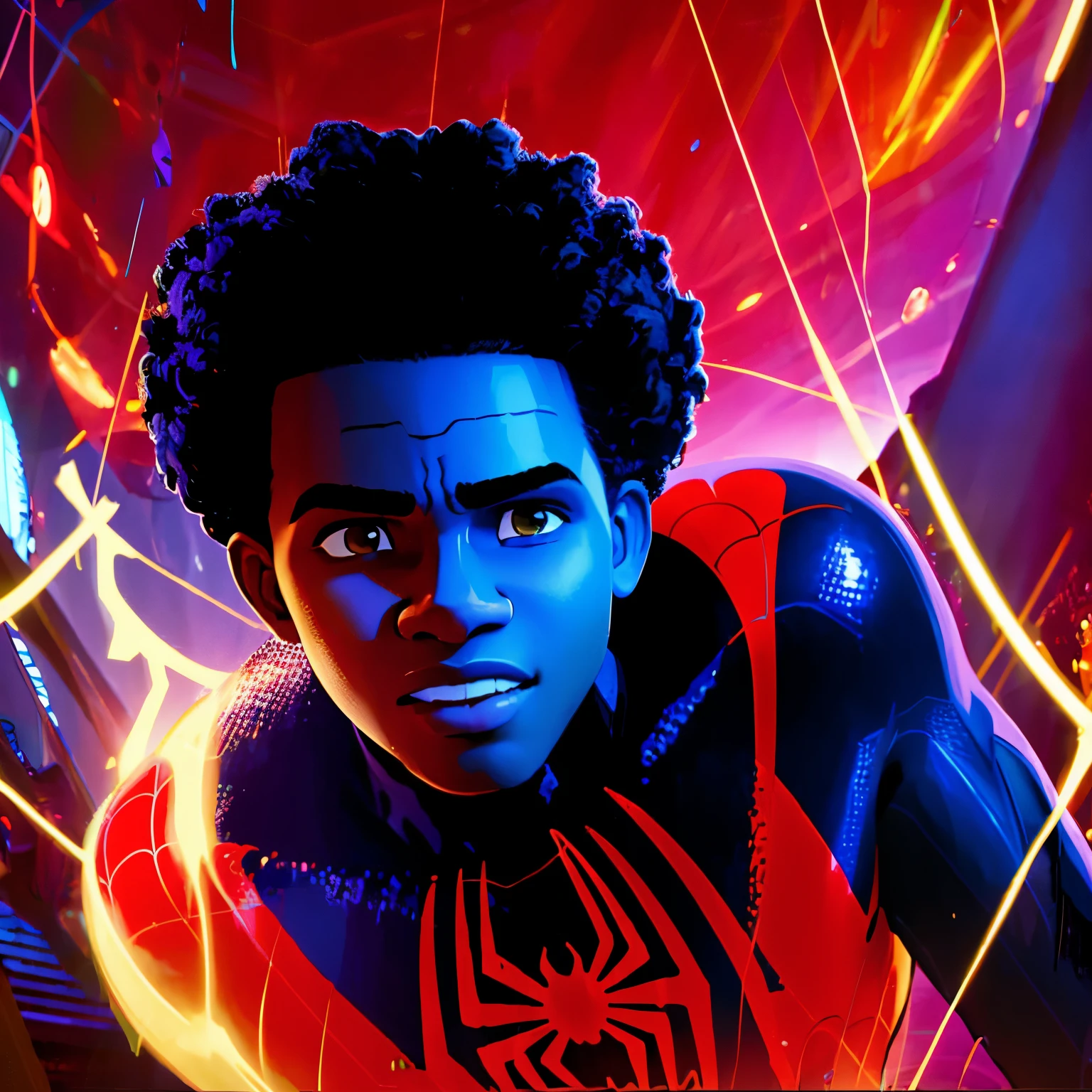 (((A comic style, cartoon art))). ((1boy, solo, lonly)).Best quality, masterpiece, high resolution, 1 male, yo,  miles morales, black spiderman suit,, curly hair, Tindal effect,ism realism, dark studio, edge light, two-tone light, (high-detail skin: 1.2), 8K UHD, DSLR, soft light, high quality, volumetric light, photo, resolution high 4K,8K,  ((Abstract Comic background )) , vivid colors, detailed, detailed face, realistic shadows and bright, glowing.