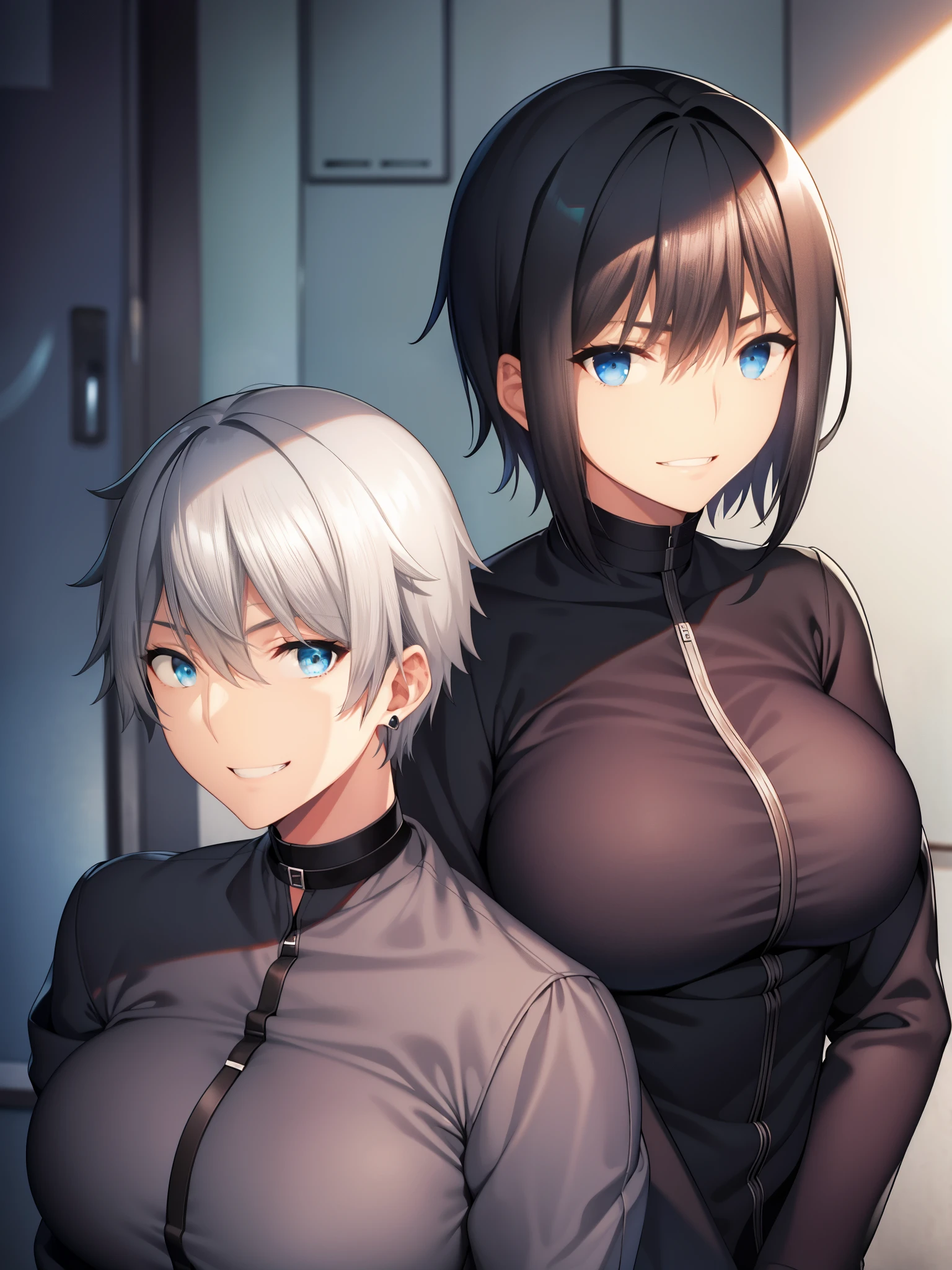 good quality、Two dimensions、mature woman alone、gray hair、short hair、blue eyes、earrings、tomboy、big、big breasts、big black jacket、Black T-shirt、black pants、bandage、Black choker、grin、Lock