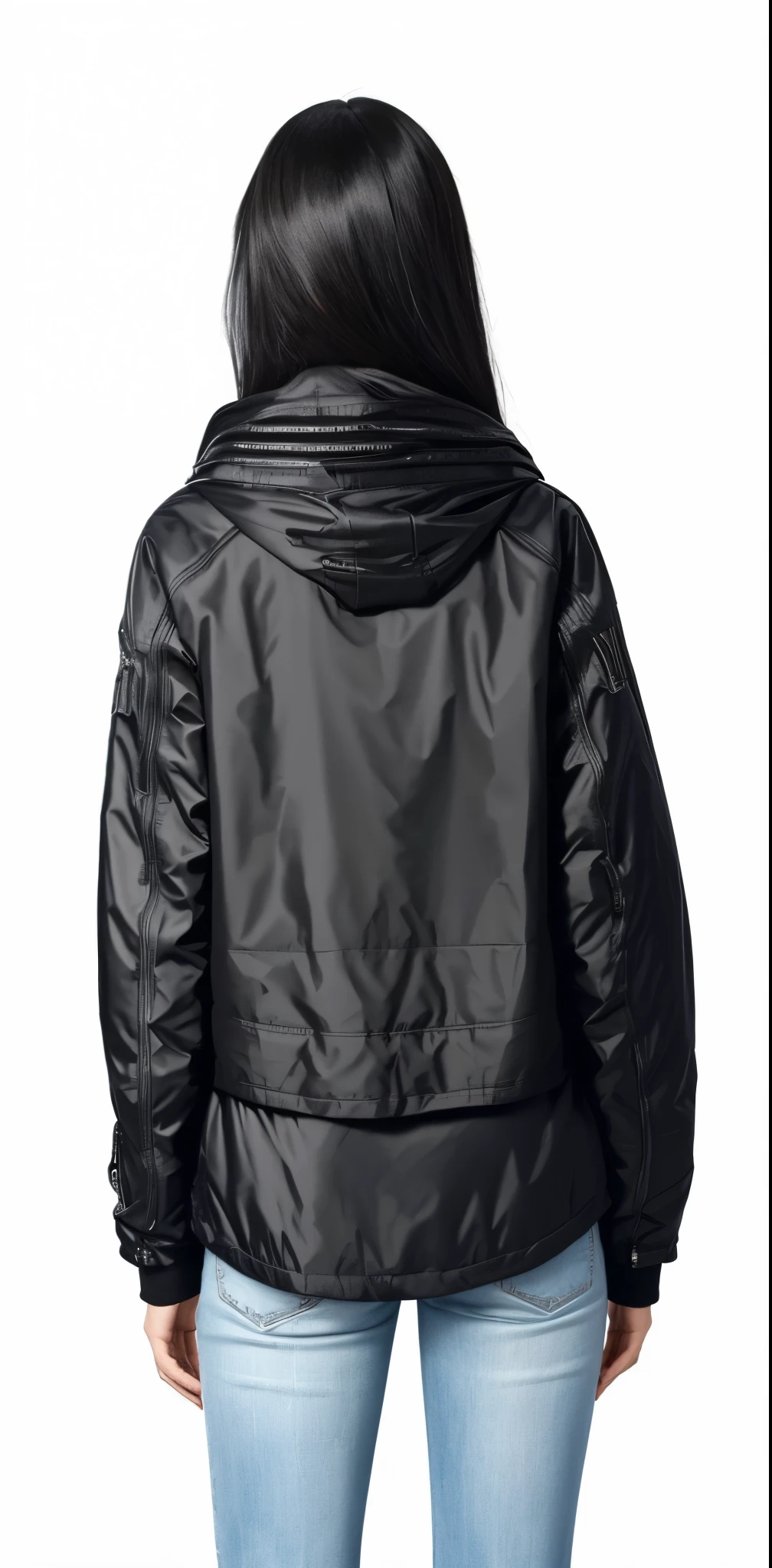 araffe woman in a black jaqueta and jeans standing back to back, black jaqueta, vista traseira, encapuzado, wearing a capuz pretoie, wearing jaqueta, roupas esportivas, facing backwards, capuz preto, wearing a black jaqueta, capuz pretoie, ou preto, vista traseira, jaqueta, seen from behind, vestindo um capuz escuro, cyber future jaqueta, olhando de lado