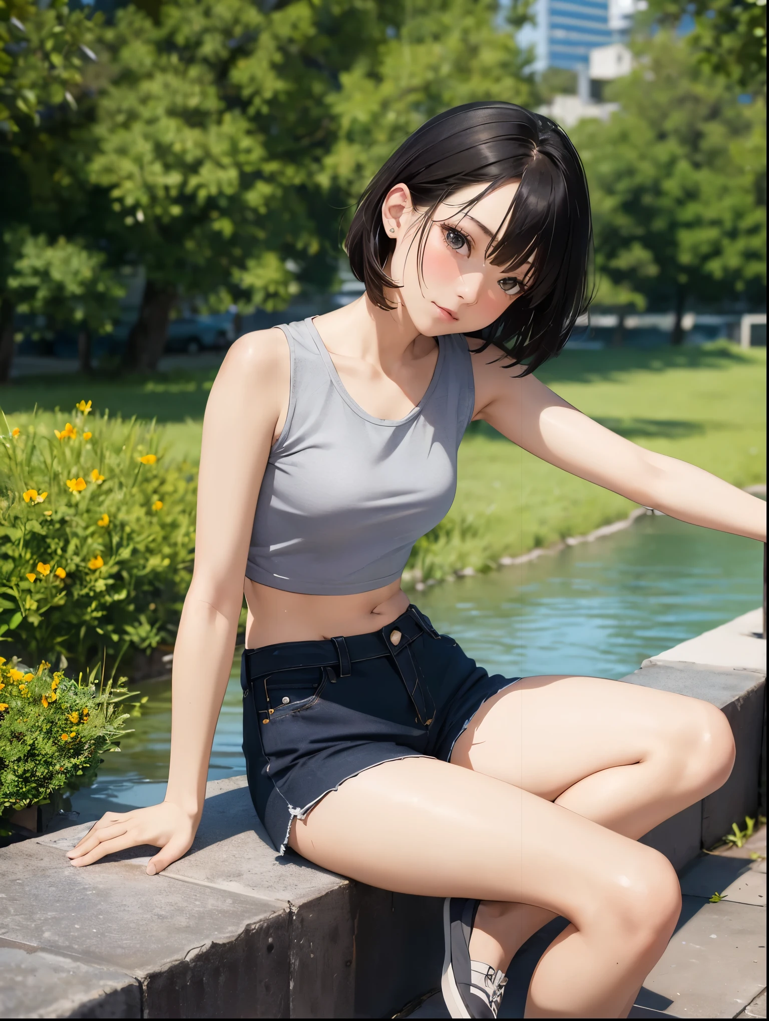 ((top-quality, 8K, masterpiece:1.3)), A detailed eye, (showing ass), Look at the camera, back view, ((Everything is sparkling、reflecting light:1.2)), (Best Ratio: 4 fingers, 1 thumb), 1girl, (professional photographer), (cute asian mix western face, blushing), brown eyes, (black hair, very short hair, pixie cuts), red lips, (white tank top, midriff, slim, slim waist, flat, navel), short pants, (((sitting , crossed legs))), looking at viewer, outdoor , head tilt, full body, suggestive Lower angle shot,
