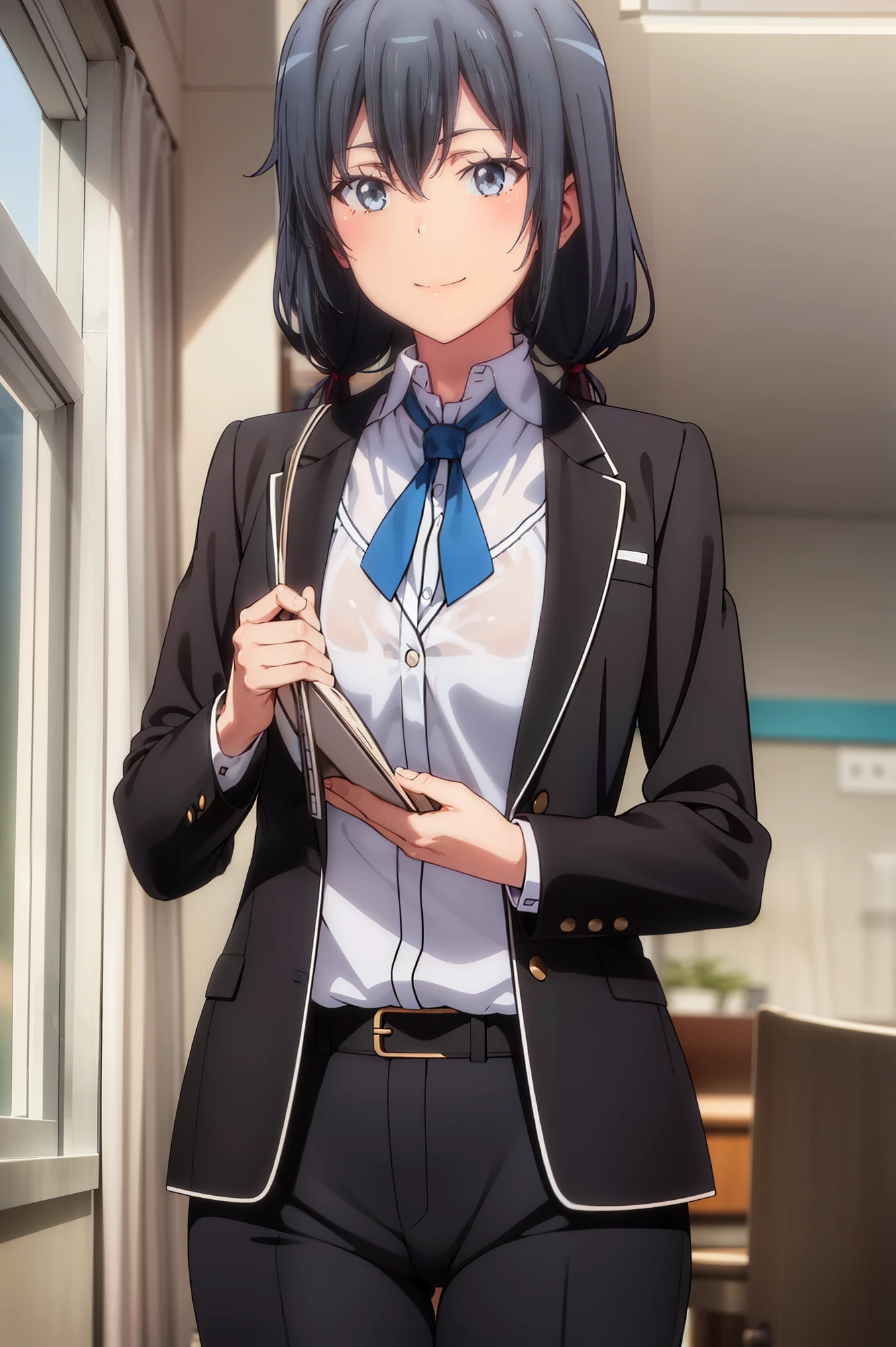 Yukinoshita Yukino ,A woman wearing a formal, attractive coat stands in a large gap in the room , 1girl, Single, blue necktie, Black hair, Blue eyes, long hair, He smiles , Collared shirt, White pants, White shirt , Elegantly designed coat , Stand in front of the window ,Perfectly tailored tailcoat. It has a stunning Victorian design and is made of lustrous fabric
wallpaper, breast, smile