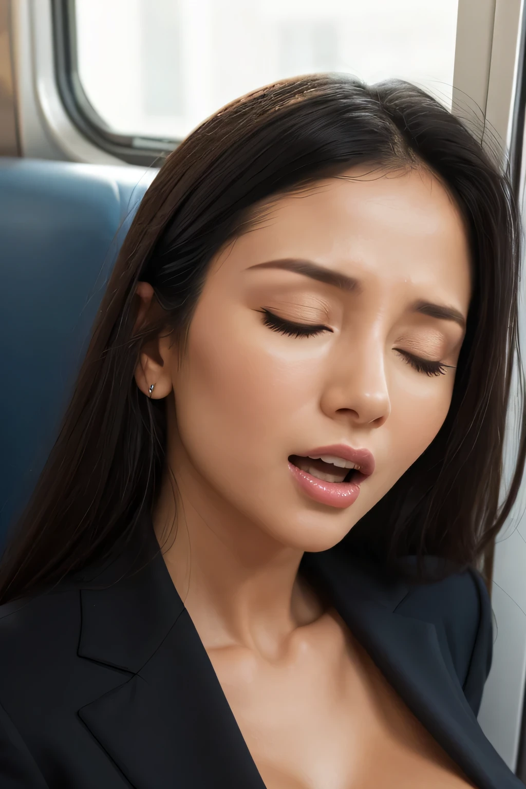 1 girl,pieces fly,,award winning photos, very detailed, edge orgasm,face focus, (woman with open mouth and closed eyes ), 30 years old、black hair、shiny skin、close up of face,from below、realistic nostrils、elongated nasal passages,,、train、(train車内,On the windowsill)、congestion、Are standing、((suit))、big breasts、(sharp nose)grimacing Performance:1.4, concept,teeth,Performance,facial Performances,grimacing,raise your head、Skin shiny with sweat