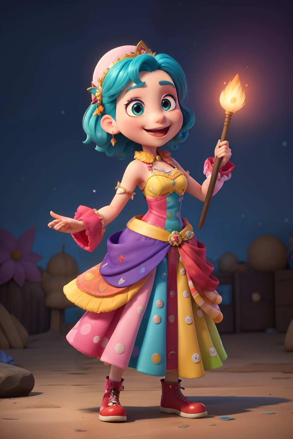 「Please draw a fun character that embodies the rainbow spirit.。Its character is、Wear multicolored costumes that reflect the hues of the rainbow、She has a radiant smile on her face。This eccentric person、Spreading joy and color with a magic wand、The background is a vivid magical forest。The characters are lively、Picture books for children「Friends of various colors」should capture the essence of the theme of wonder and magic in。」