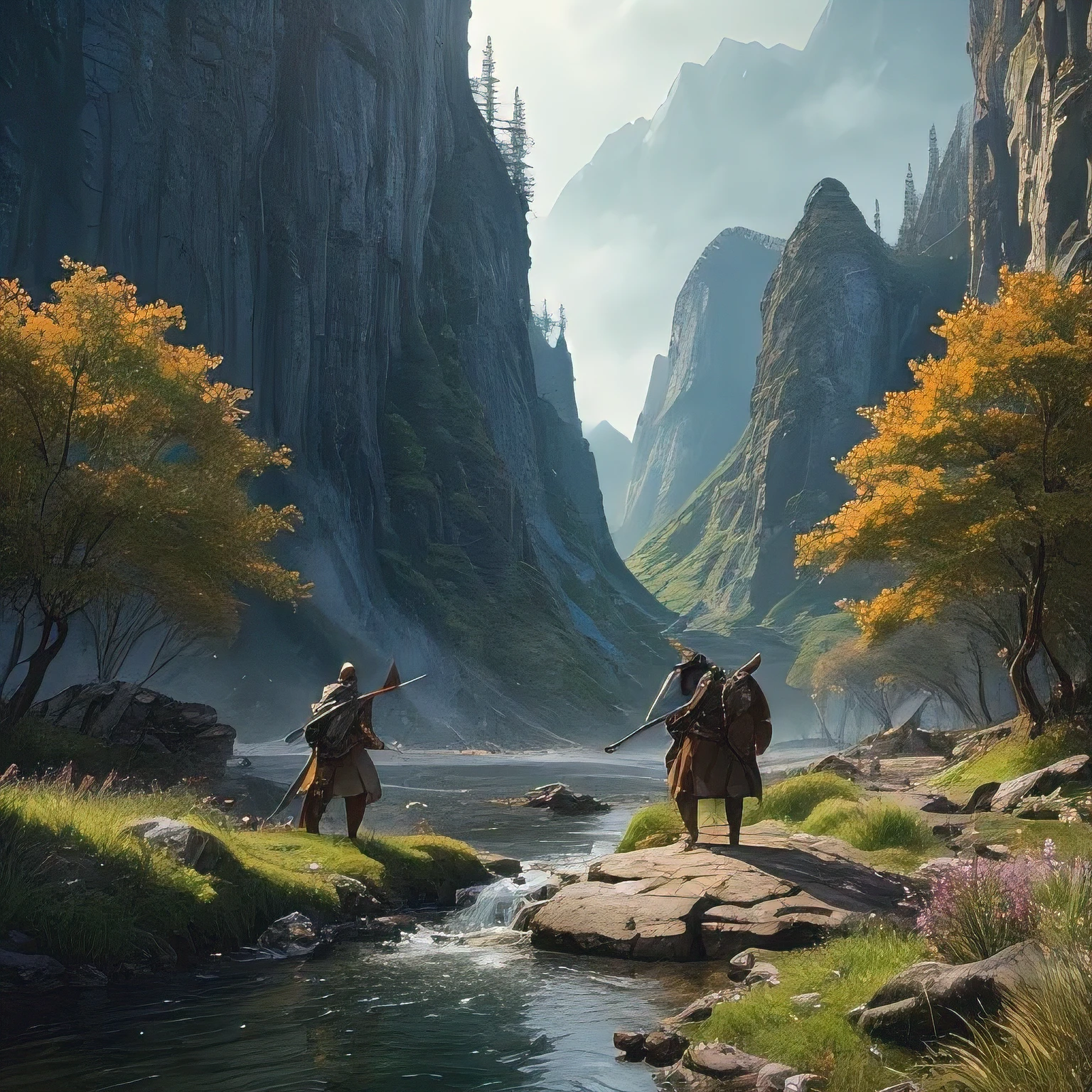 Show a picturesque landscape with couleurs vives and soft lighting (esthétique:1.2,haute résolution,HDR),traits du visage réalistes,Expressions émotionnelles,monde fantastique,Récit inspiré de Tolkien,À la manière de John Howe,Paysages élaborés,forêts enchantées,Montagnes majestueuses,Batailles épiques,Donjons dangereux,créatures magiques,armure détaillée, guerriers,Éclairage dramatique,couleurs vives,quêtes héroïques,quête de trésor,lutte contre le mal,camaraderie de compagnons,voyage pour sauver le monde,des défis inattendus,Des rencontres palpitantes,composition avec profondeur,textures riches,attention au détail,expérience immersive,sens élevé de l&#39;aventure.