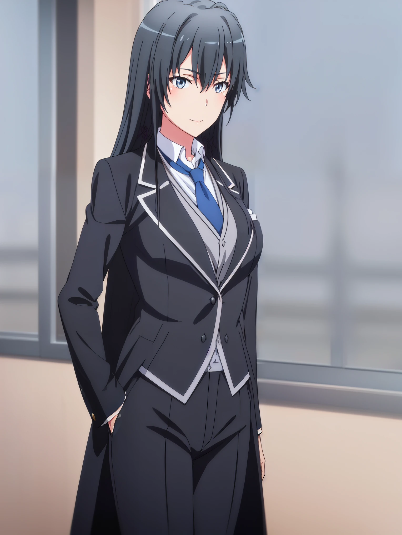 Yukinoshita Yukino ,A woman wearing a formal, attractive coat stands in a large gap in the room , 1girl, Single, blue necktie, Black hair, Blue eyes, long hair, He smiles , Collared shirt, White pants, White shirt , Elegantly designed coat , Stand in front of the window ,Perfectly tailored tailcoat. It has a stunning Victorian design and is made of lustrous fabric
