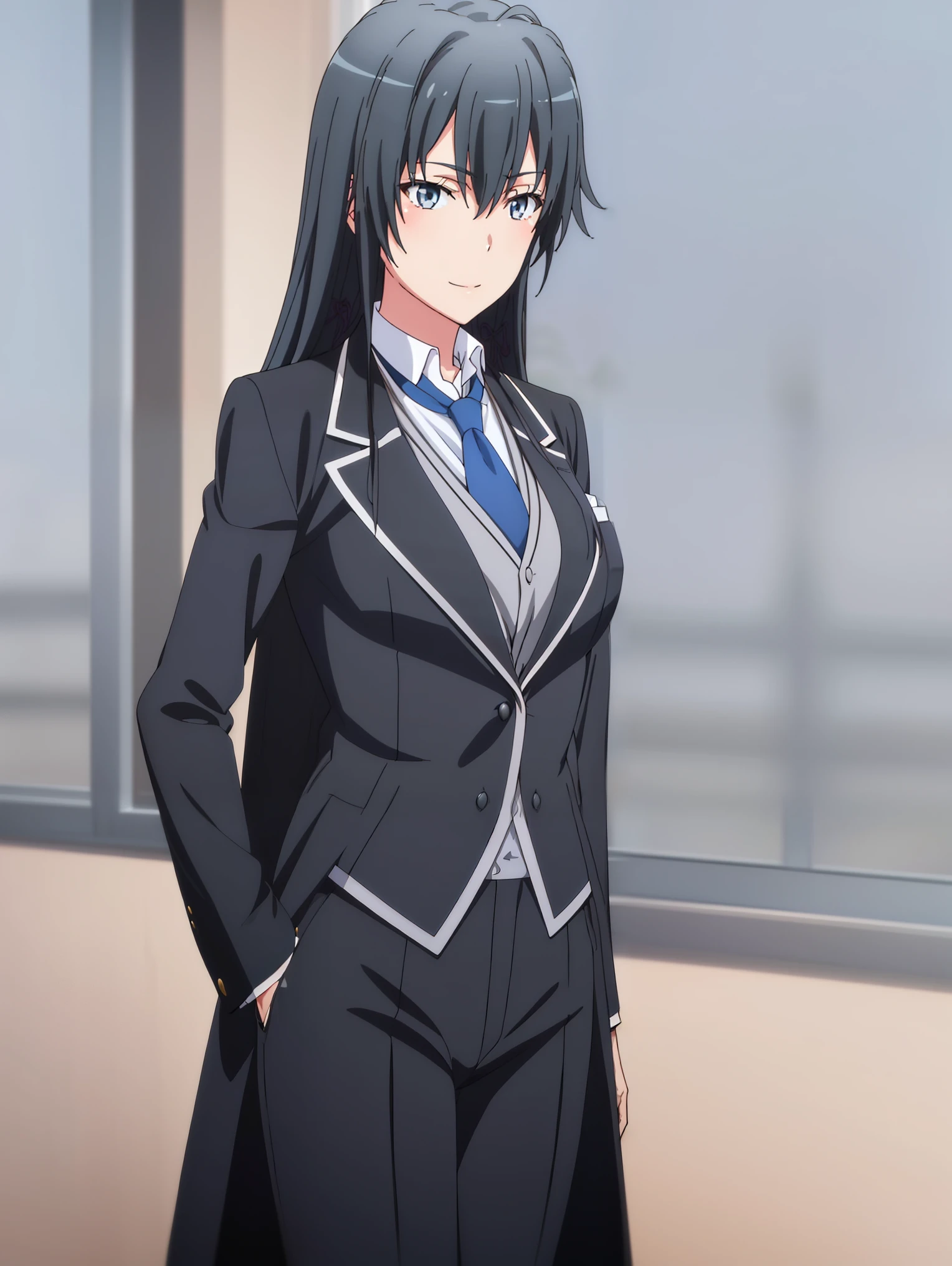 Yukinoshita Yukino ,A woman wearing a formal, attractive coat stands in a large gap in the room , 1girl, Single, blue necktie, Black hair, Blue eyes, long hair, He smiles , Collared shirt, White pants, White shirt , Elegantly designed coat , Stand in front of the window ,Perfectly tailored tailcoat. It has a stunning Victorian design and is made of lustrous fabric
