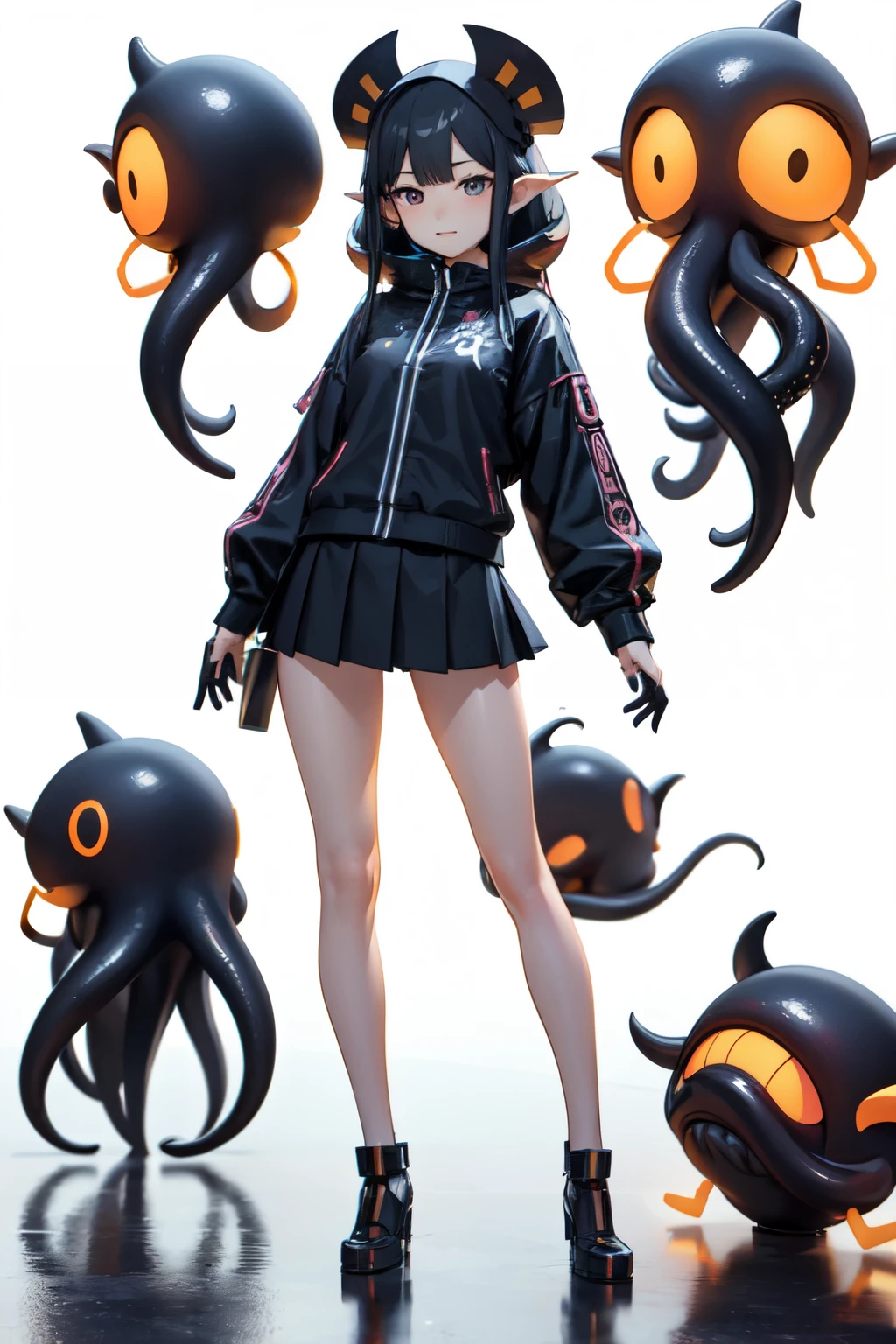 ((最好的质量)), ((杰作)), (详细的), 完美的脸, full body portrait, anime secondary, loli, cunning, 3d modeling, octopus hat, cthulhu, virtual anchor, more accessories, short skirt, cyberpunk, high resolution, white background,sexy, future, technology,matrices