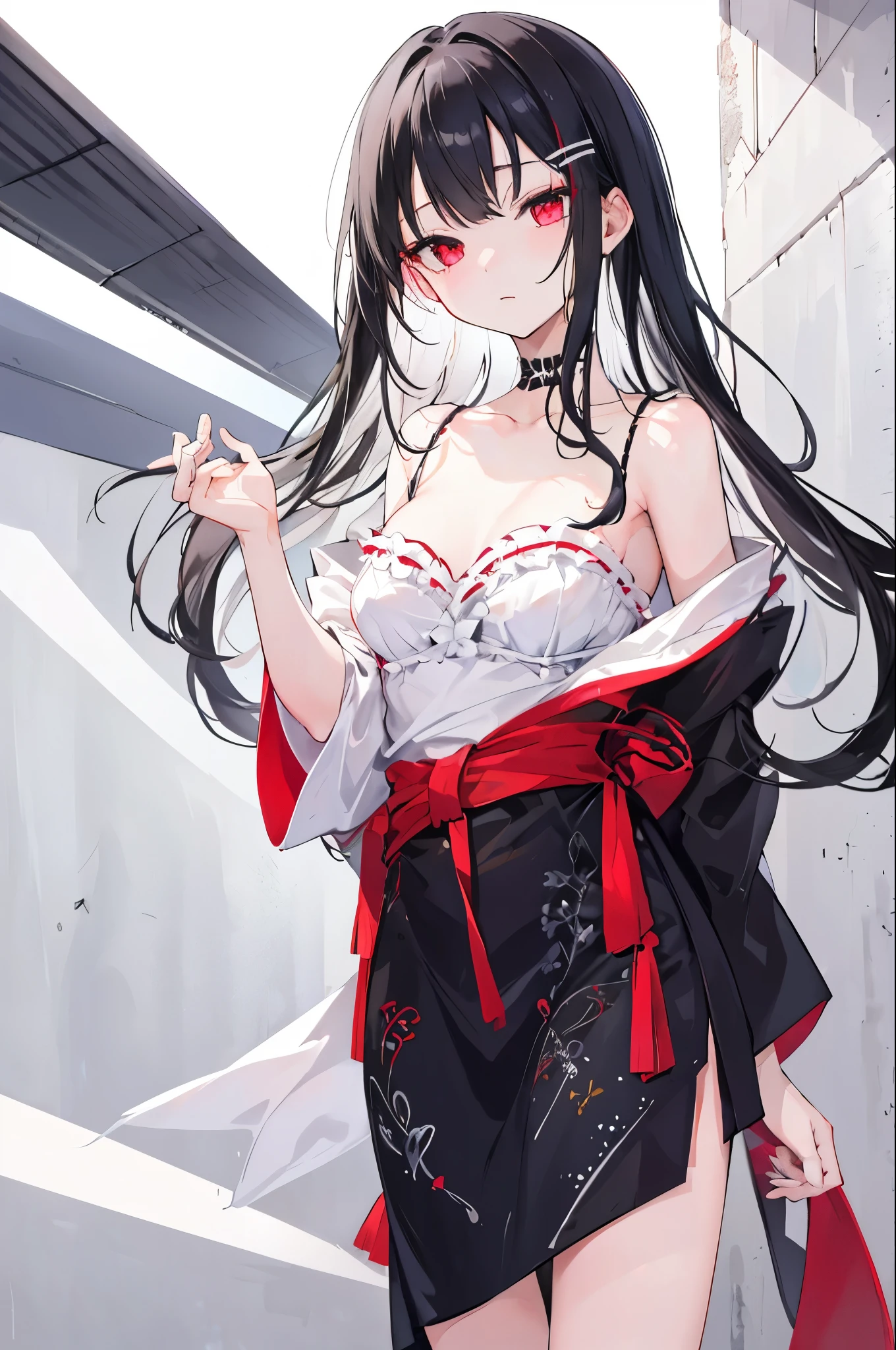 1girl, white_black hair, white_hair_streak, long hair, {red_eyes}, {off_shoulder dress}, {large breasts},girl, slenderwaist, clothes_down, small_medium_face,{sharp eyes},sharp_face,hip_vent,bishoujo, with bangs,full bodyagainst_wall,charmed_face,glamerous,yukata