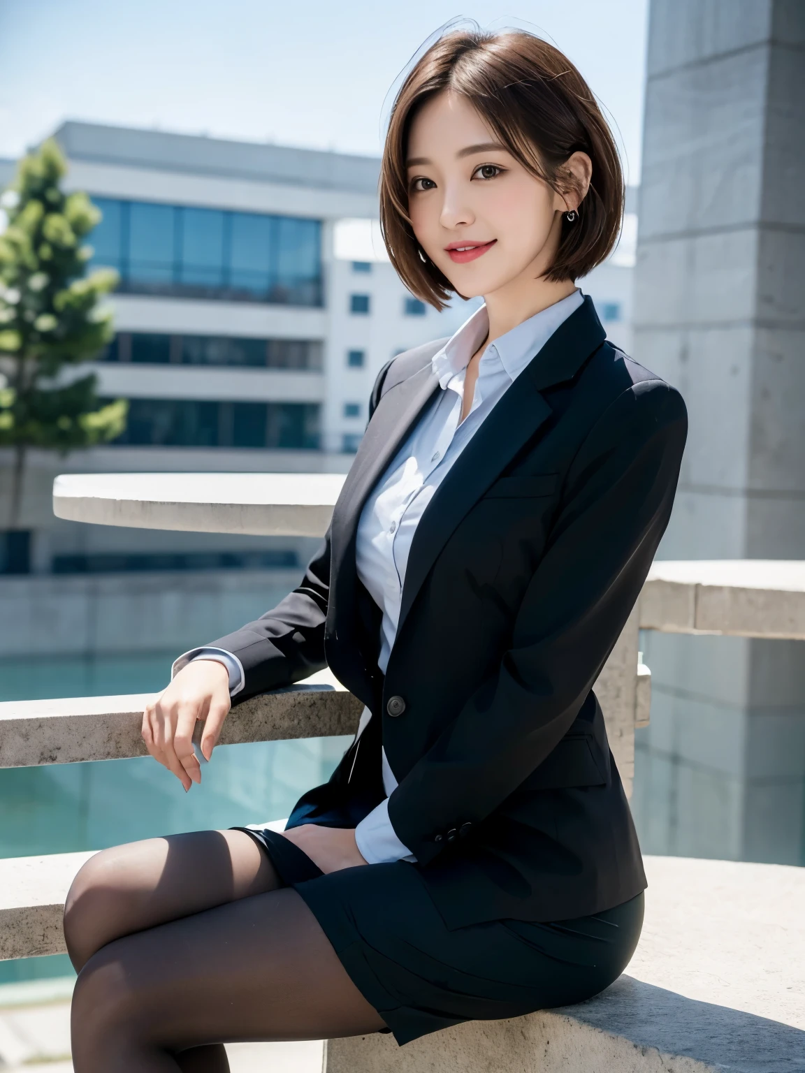 (8K, highest quality, masterpiece:1.2), (realistic, realistic:1.37), ultra detail, one girl, whole body, outdoor, (Adjusted hair:1.5) office lady, black office blazer, office skirt, (pantyhose: 1.2), (Short Button Down Shirt: 1.2), Button Up Color Prim, Button Down Color Prim, good, (pantyhose: 1.2), alpha layer, high heels, beautiful earrings, cute, alone, beautiful and detailed sky, (smile: 1.15), (closed your mouth), beautiful detailed eyes, business suit, (short hair: 1.5), Floating hair NovaFrogStyle,