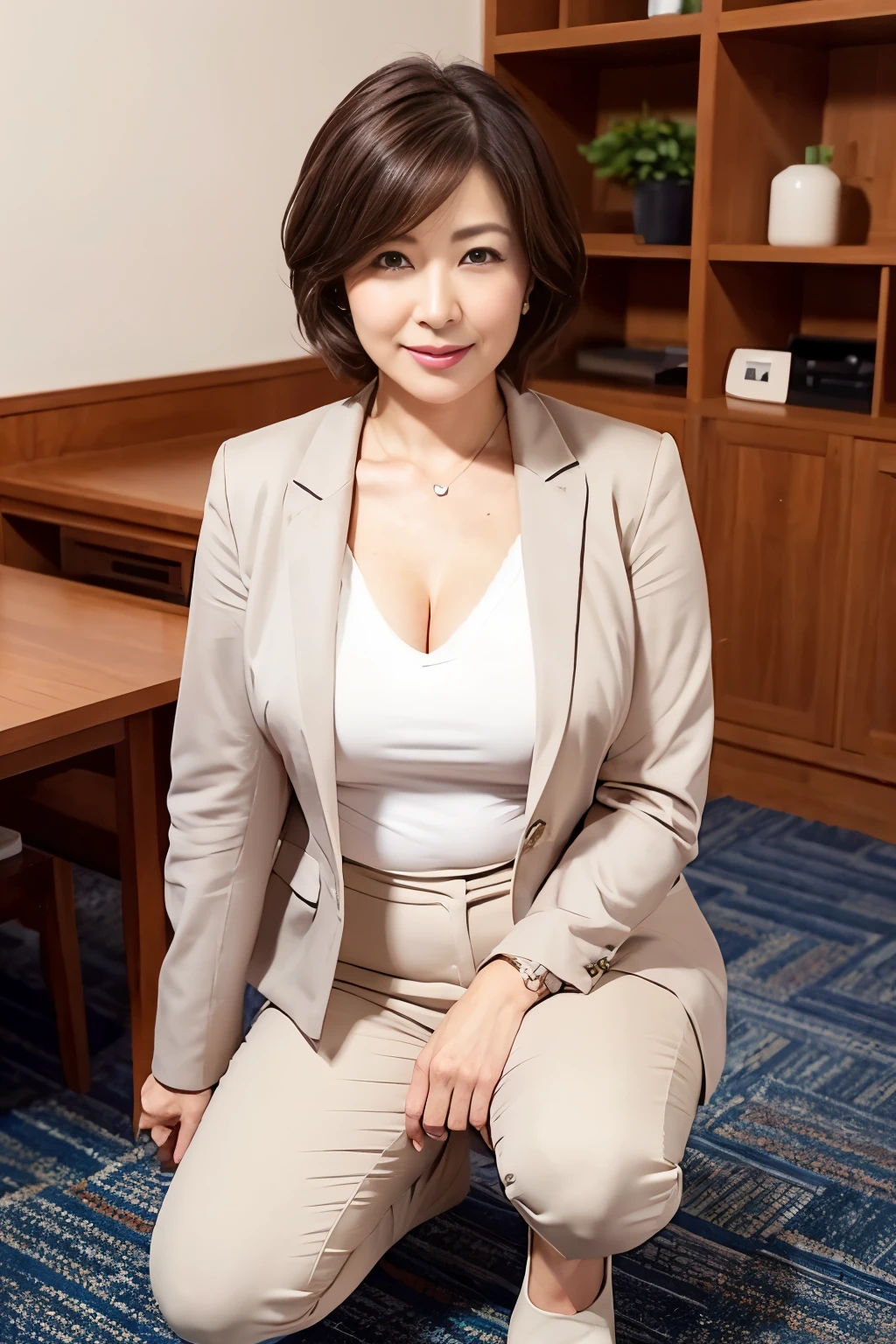 50 year old mature woman、japanese woman、sex appeal, sexy,fine skin、sterpiece、Beautiful breasts high quality、perfect writing、Super beautiful、facial high definition、Makeup is light、Beautiful butt high quality、Shining beautiful skin、Shining beautiful skin step piece、Transparent beauty、Goddess of Eros、photorealistic、looking at the camera、whitening skin、masterpiece、short hair、School Teacher、Plump body shape、Pants Style、suit figure、Squat and crotch open、Take off your jacket and put on your blouse、