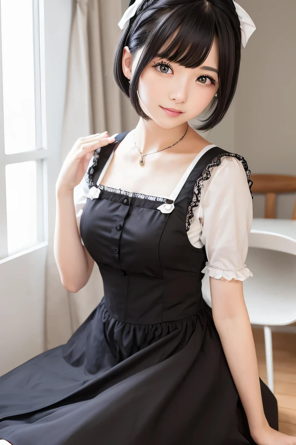 In maid clothes 、one beautiful maid、short black hair、hair ornaments、indoor