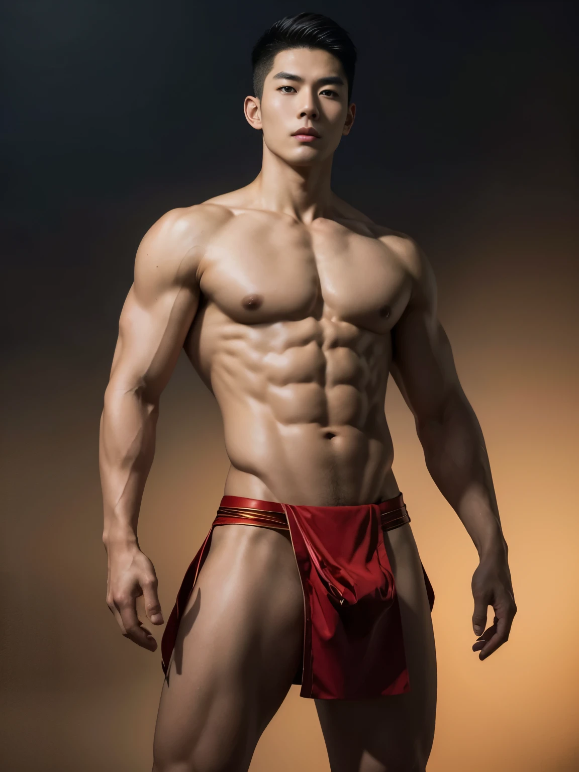 (photorealistic, masterpiece, best quality), handsome asian male, chinese man, young, slim athletic body, wearing nothing,athletic physique, slender, no body hair, wearing only red Loincloth , Realistic, nude, perfect , male , correct male , big bulge, artistic and magical background, chinese mythology, lunar new year inspired, reds and golds, fantasy art,