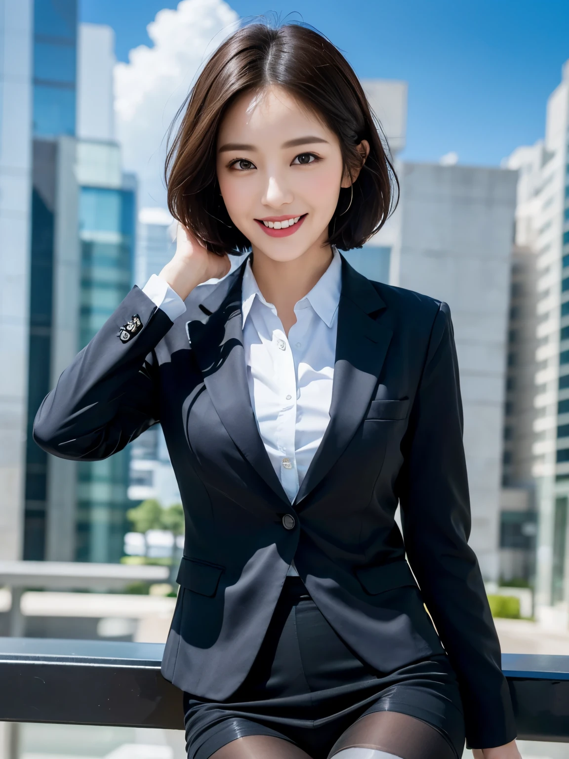 (8K, highest quality, masterpiece:1.2), (realistic, realistic:1.37), ultra detail, one girl, outdoor, (Adjusted hair:1.5) office lady, black office blazer, office skirt, (pantyhose: 1.2), (Short Button Down Shirt: 1.2), Button Up Color Prim, Button Down Color Prim, good, (pantyhose: 1.2), alpha layer, high heels, beautiful earrings, cute, alone, beautiful and detailed sky, (smile: 1.15), (closed your mouth), beautiful detailed eyes, business suit, (short hair: 1.5), Floating hair NovaFrogStyle,