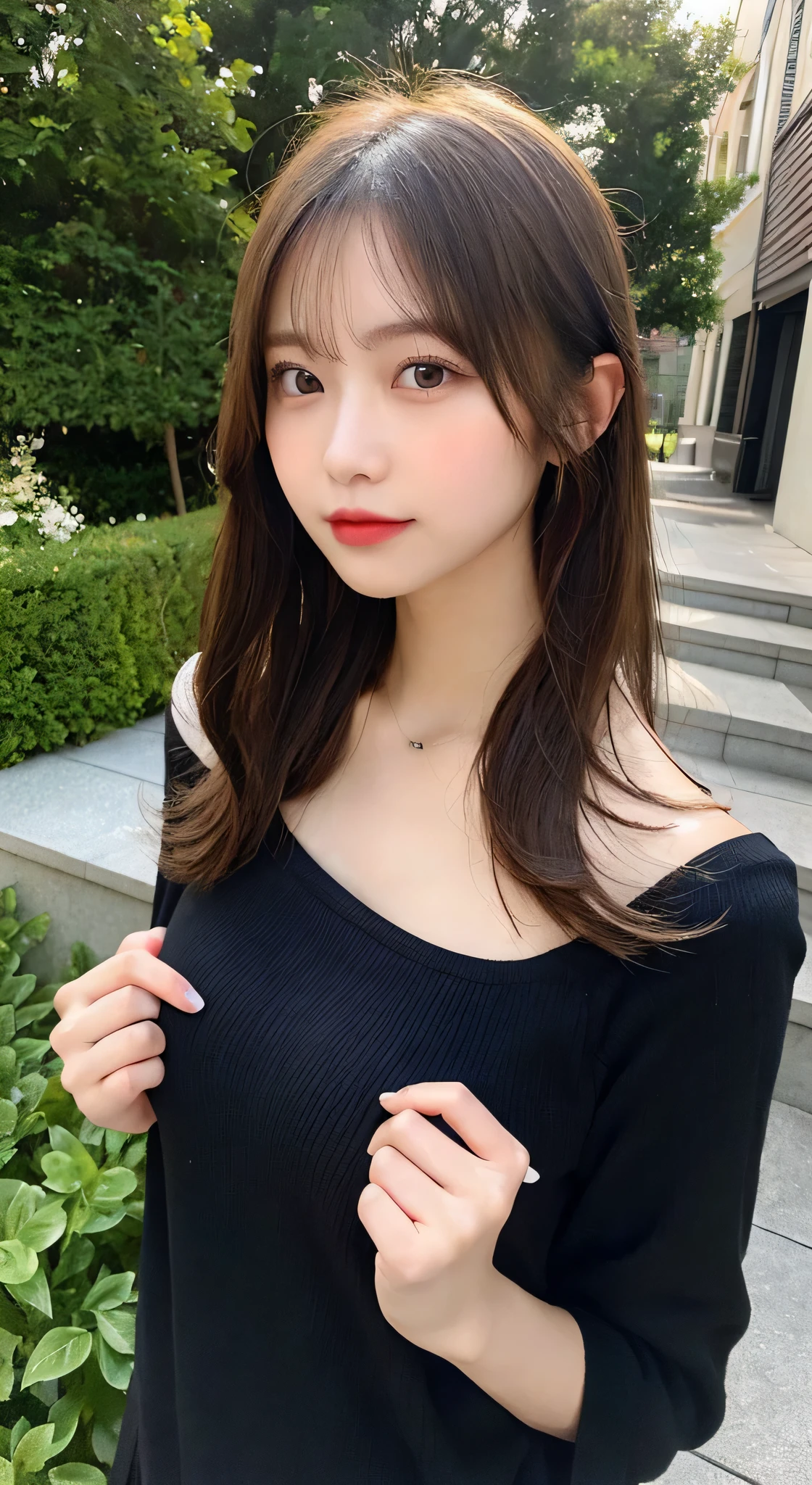 20 year old girl, ((big breasts)), ((hyper realism)) ,. brown hair with light roots. , hair with brown roots, extra long hair, very long hair, Really long hair, cute, Front view, self snap, Photos taken with iPhone, elegant black shirt with escort, low cut, self snap in the garden, high quality, self snap iPhone, cleavage、nude,nipple