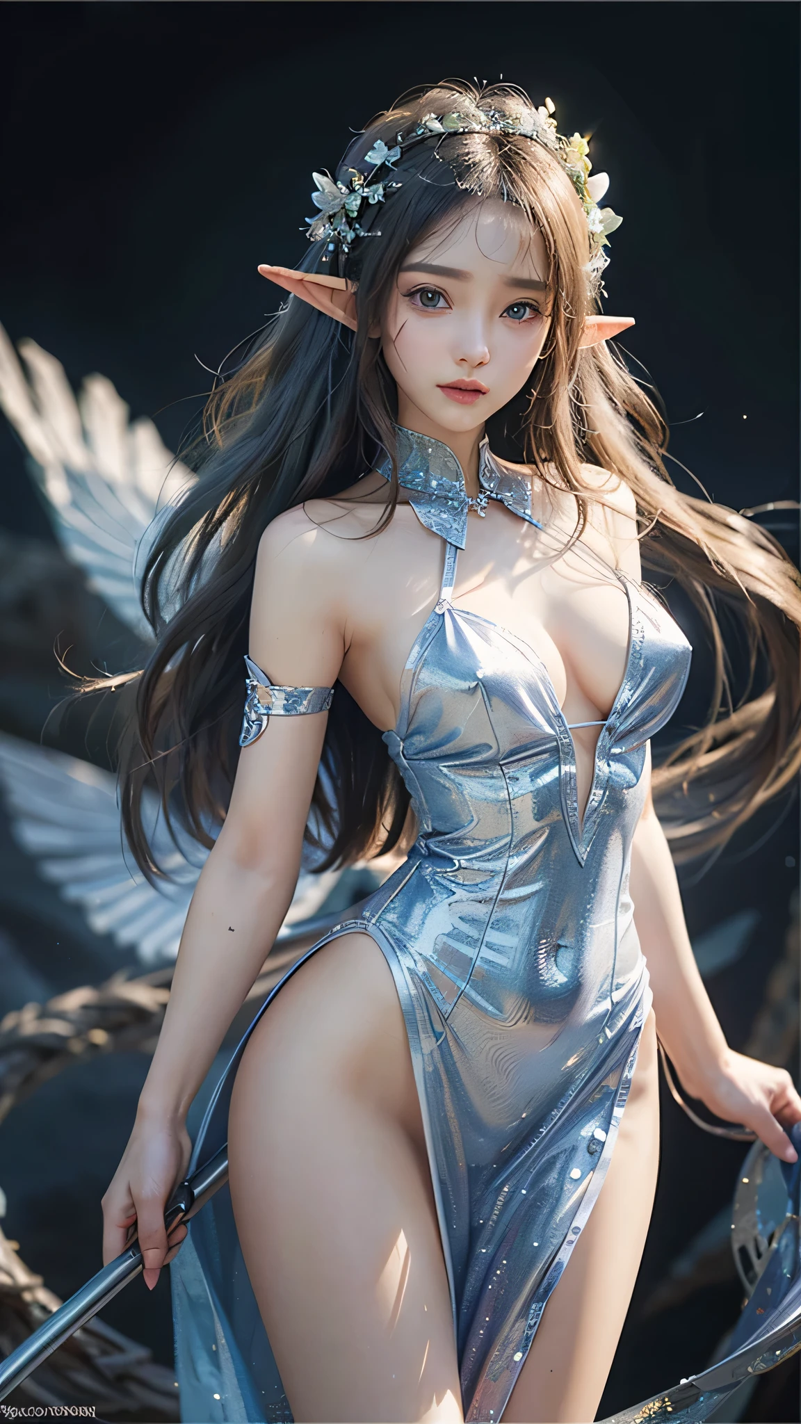 (Close-up:1.4)、(RAW photo:1.2)、(photorealistic:1.4)、(masterpiece:1.3)、(最high quality:1.4)、(Beautiful woman with perfect body:1.4)、solo、7 head and body、(cute face)、(cute:1.2)、(full body shot)、(big breasts:1.3)、(beautiful detailed eyes)、(charming big eyes)、(beautiful double eyelids)、(beautiful and detailed face)、(fantasy、Magic Effects、summoner:1.3)、(Half-Elf:1.2)、(silver hair:1.2)、gorgeous dress、trong wind、See-through、Wet、dark hair、slender、small butt、beautiful feet、skinny legs、Surrealism、cinematic lighting、Depth of bounds written、first person perspective、ticker、muste piece、curate、(perfect anatomy:1.2)、textured skin、super detail、high details、high quality、best quality、High resolution、8K、illumination、