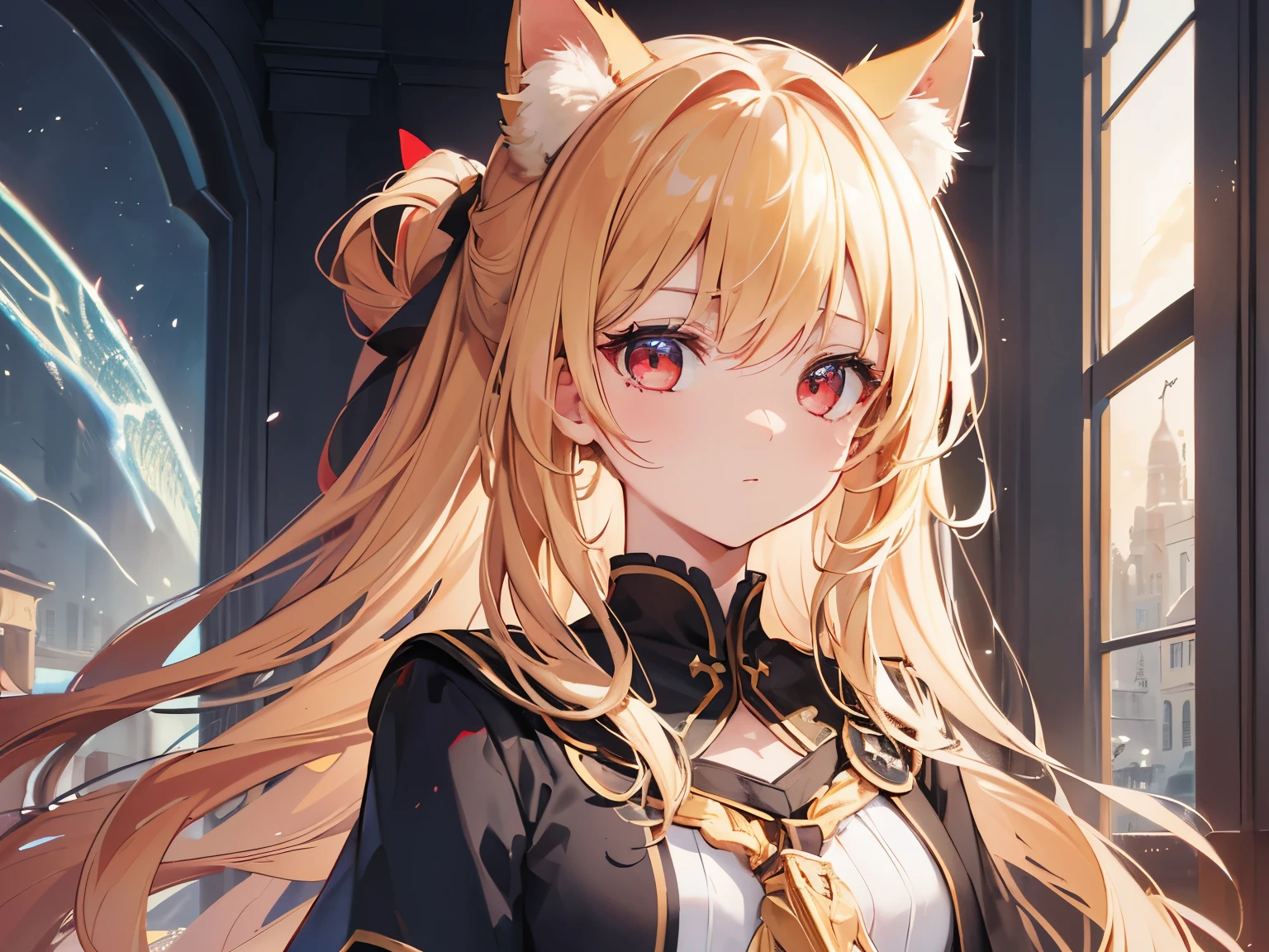 Amazing, beautiful detailed eyes, fine details, depth of field, high-definition CG, original, floating, beautifully detailed cinematic lighting, ((chromatic aberration)), ((caustic)), lens flare, beautiful Shining details, dynamic angles, depth field, light leakage, wonderful, fine details, high-definition CG, original, (sunlight), ((((very delicate and beautiful)), shining, bright), (((highest quality) ))), ((super-definition) ), (illustration), ((very delicate and beautiful)), fairy, wonderful, beautiful fine eyes, fine details, depth of field, high-definition CG, original, evil female cadre, black school cap, red cape, women's military uniform, dress, animal ears, red eyes, evil secret base, cat ears, high laughter, girl, window, girl, golden hair, dark landscape background, doya face, whip --niji 6
