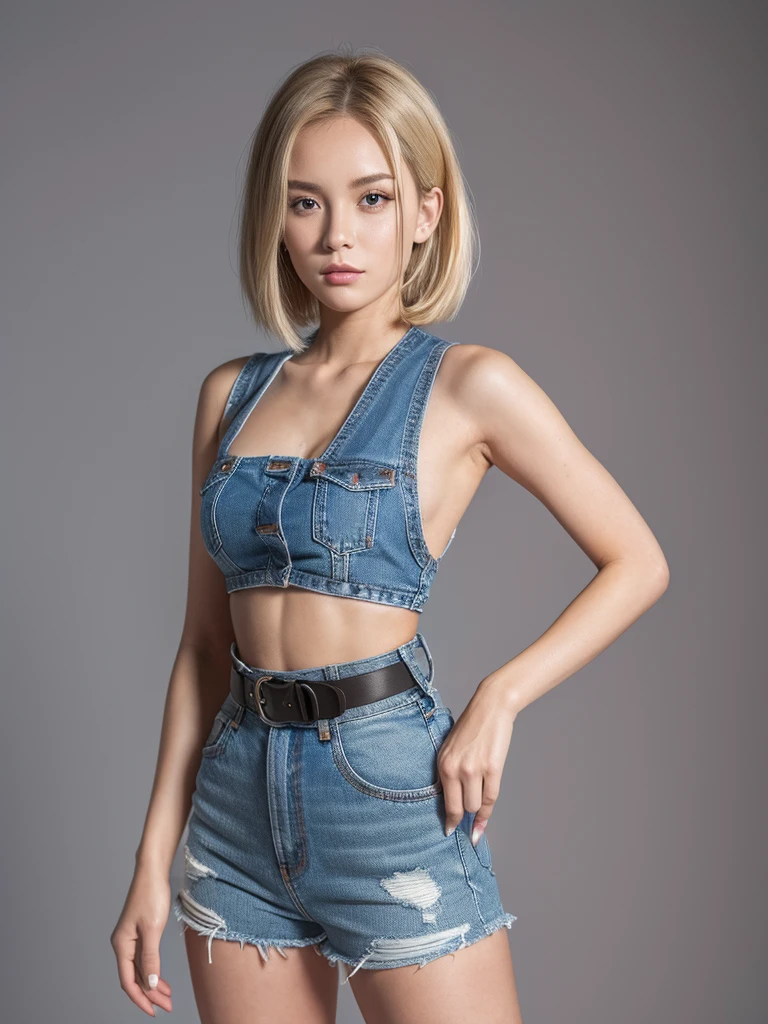 rompt
Android 18 from dragonballZ, 18 years old, blonde bob hair, touching lips, denim sleeveless jacket with black crop top, brown belt , Short denim skirt , pose for a picture , professional pose , light gray studio background, rimlight:1.2 , small and hourglass body shape, round 