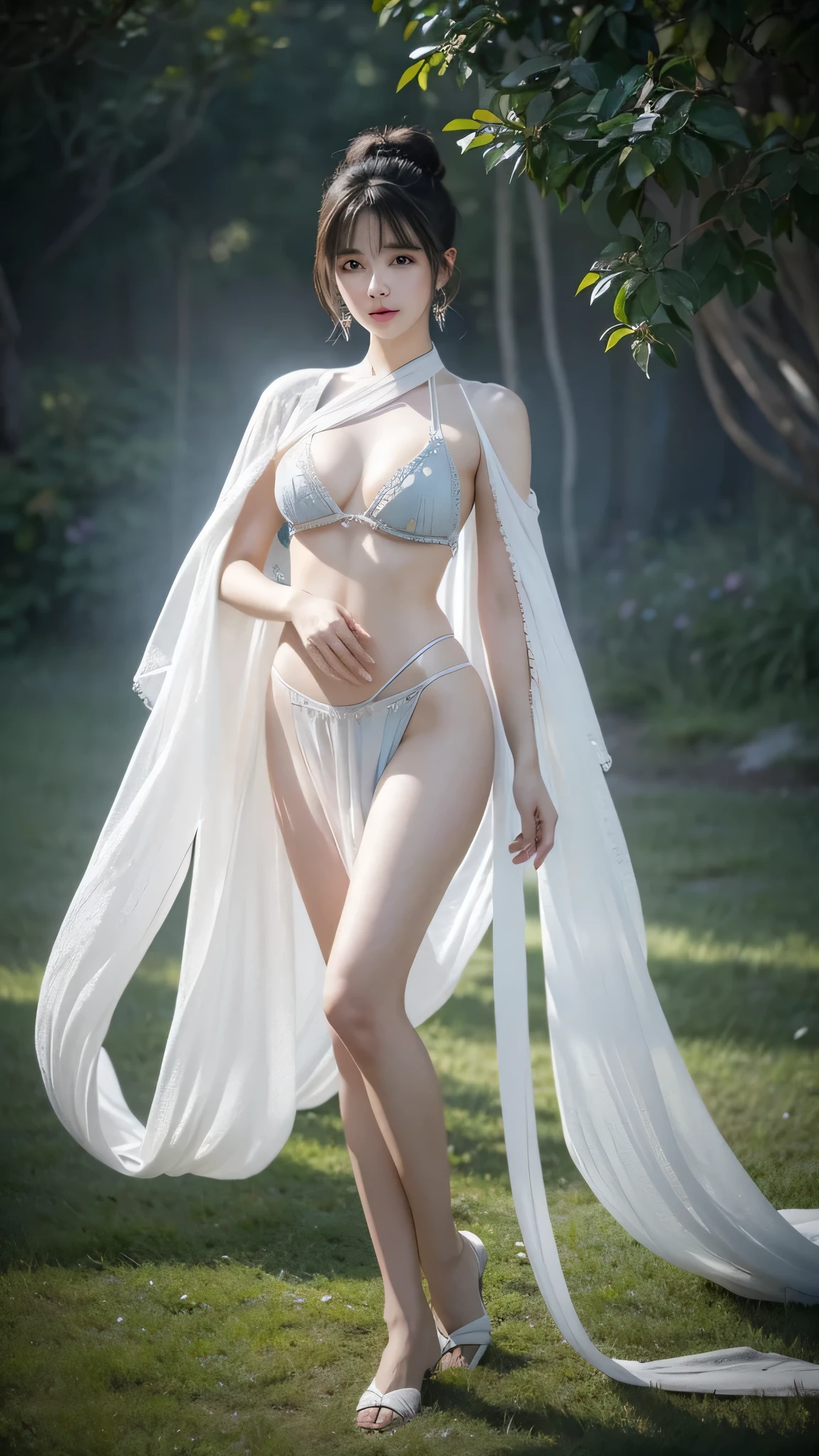 full-body shot, a beautiful woman, messy hair, white hair, curls, short hair, girly, Symmetrical bun, hair accessories, jewelry, delicate face, eye shadow, belly button, Dunhuang style, delicate embroidery, silver jewelry, silver streamer, white streamer, Light blue streamer, delicate skin, soft Light effect, delicate and Light滑的 hair, Exquisite details, Eye highLights, White skin, Delicate depiction, extreme details, quality, thin, thin and long, shattered, hair details, thin bangs, Shawl hair, right body, shadow, air bangs, 8k, Super fine, fine fabric texture, soft, Light滑的, Light滑的 texture, Dunhuang style, Beautiful pattern, correct hand painting, anatomically correct, precise, night, dark night, Light, Tyndall effect, Light线追踪, Head-up display, big breasts, Split, bikini, light blush, long legs, standing on the grass, white hair