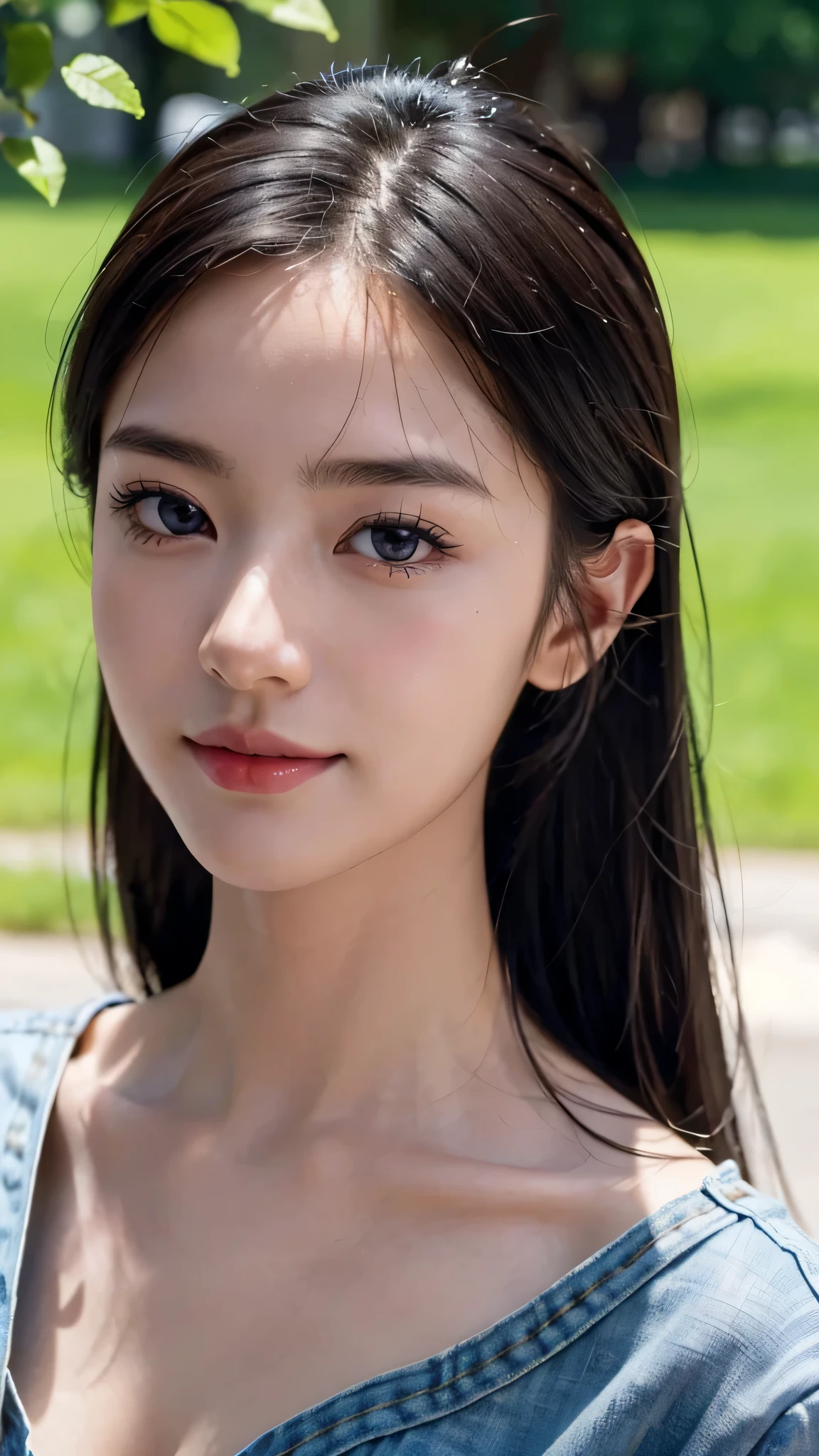 One woman,fully body photo,masutepiece, The highest image quality, High quality, the background is clear，Beautiful woman, Japanese, Detailed, Detailed eyes, Detailed skin, Beautiful skin, 超hight resolution, (reality: 1.4),Very beautiful woman, Slightly younger face, Beautiful skin, slender, (Ultra photo realsisim), (hight resolution), (8K), (Very detailed) (beautifully detailed eyes), (super detailed),   (Detailed face), view the viewer, Fine details, Detailed face, Staring straight ahead, Staring straight ahead, photos realistic, Bright lighting, Professional Lighting, Black hair,poneyTail,a baby face,sixteen years old,髪型はponeyTail,ロングのponeyTailの髪型,Clear sky, on grass,wearing a black camisole, jeans,smile a little,
