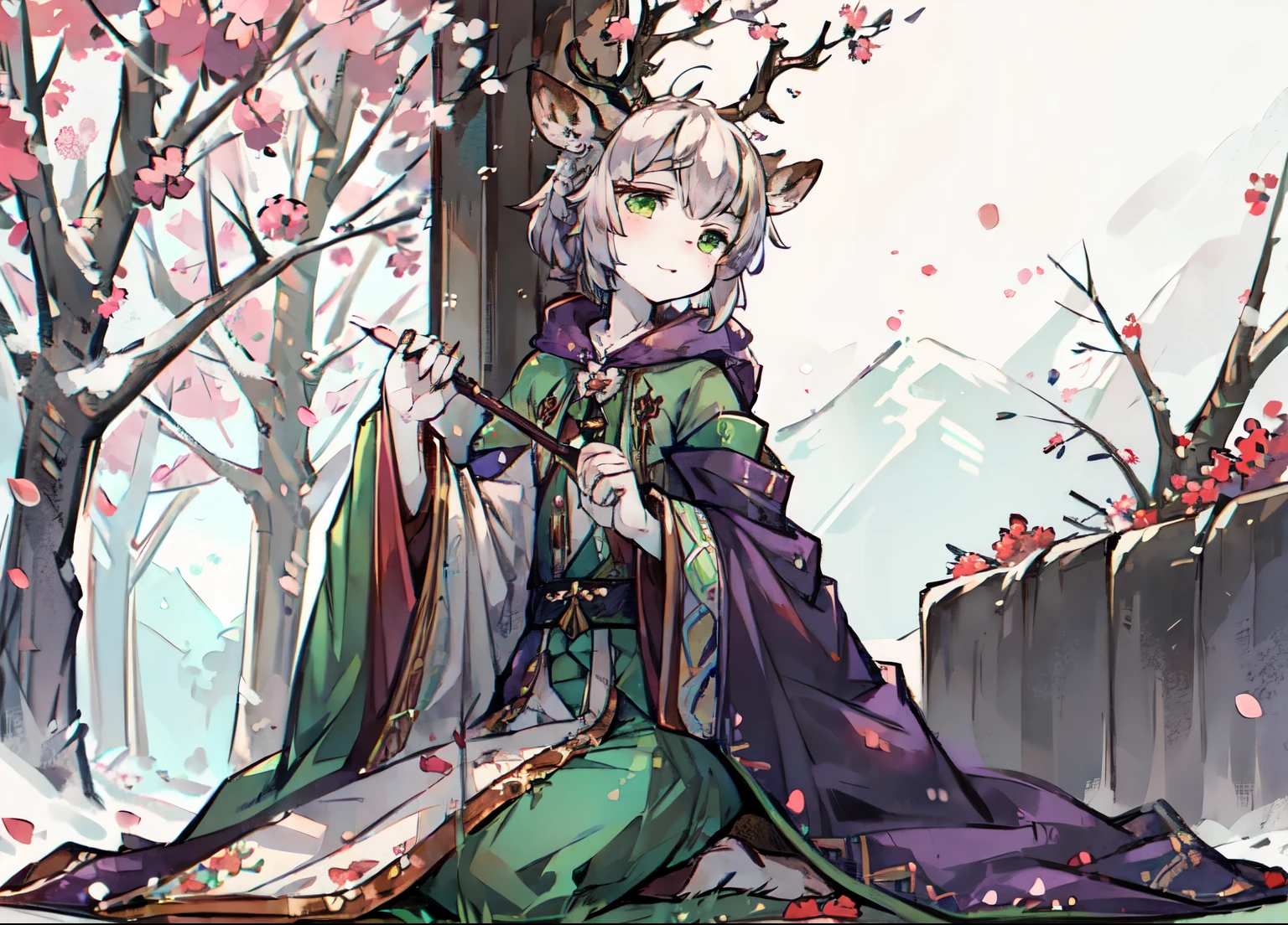 Ink style，a white deer，antlers，plum tree，Plum petals，plum blossom branch，sit on the floor，双手托着一份pergaminhos，green shirt，Long cape，A flowing cape，Hold a brush，pergaminhos，Lovely Shota，Flute in hand，Musical instruments next to him，Green eyes，gentle