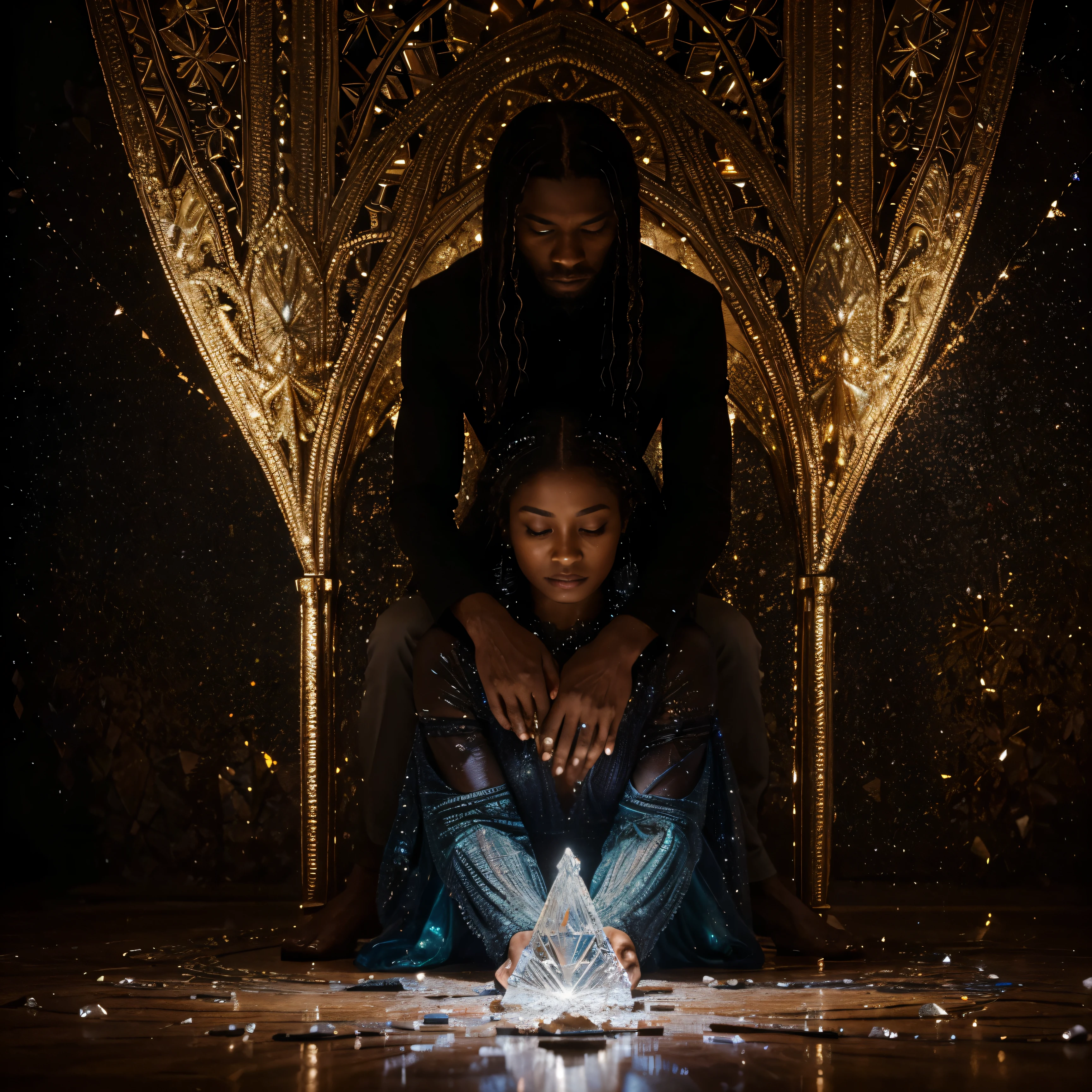 Deep within an oil painting lies a mesmerizing vision of a black man holding his black wife. An ethereal sacred crystal image, the subject of this painting is adelicate and fantastical, whose movements are graceful and complex. Captured with vivid brushstrokes and rich tones, this image depicts a majestic image composed of shimmering crystals. This meticulously crafted painting displays stunning detail and realism, capturing the radiance of the crystal and the intricate patterns etched into its surface. This mesmerizing work of art invites viewers to immerse themselves in the enchanting world of this sacred friendship between the woman and her brown puppy. 