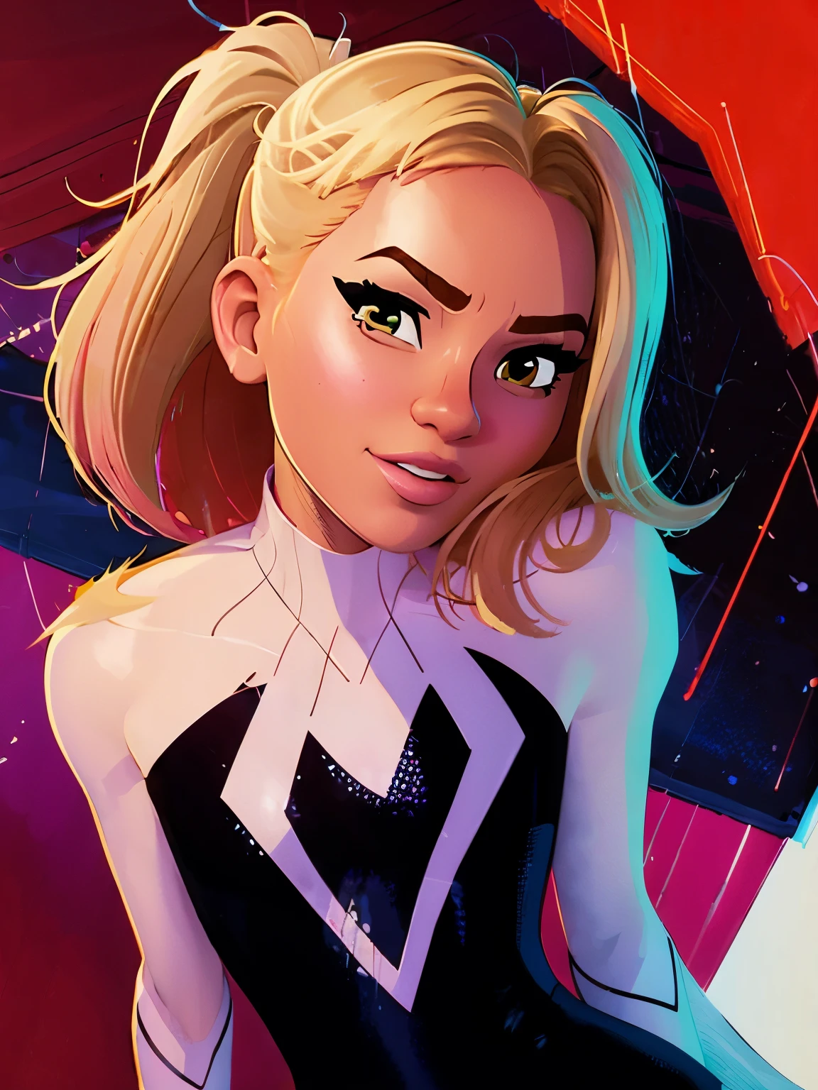 (((A comic style, cartoon art))). ((1girl, solo, lonly)).(masterpiece, best quality), intricate details, 1girl, gwen stacy, blonde hair , blue hair , short hair, animification ,eyebrow piercing 3DMM,  ((Abstract Comic background )) , vivid colors, detailed, detailed face, realistic shadows and bright, glowing.