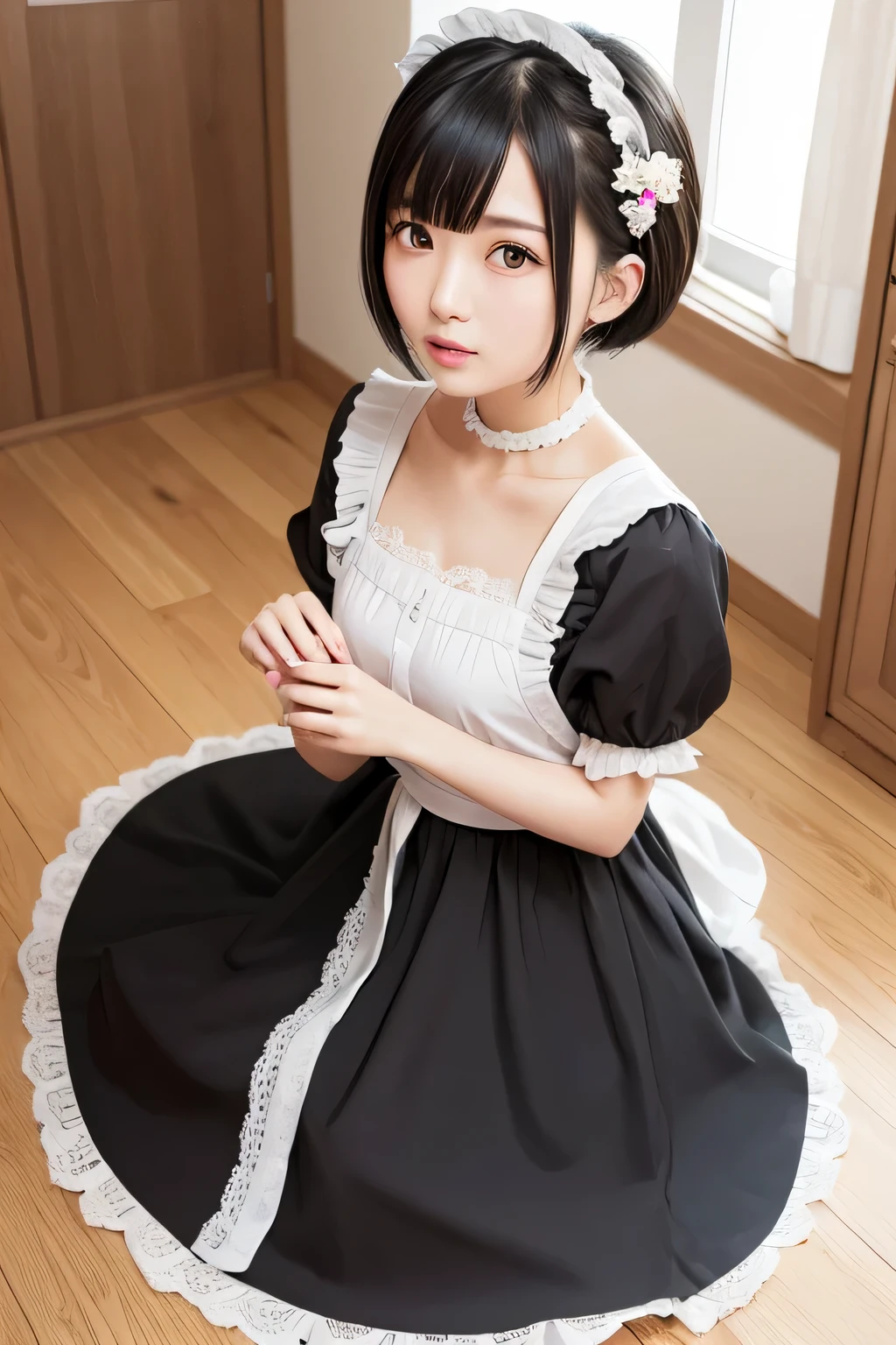 whole body、In maid clothes 、one beautiful maid、short black hair、hair ornaments、indoor