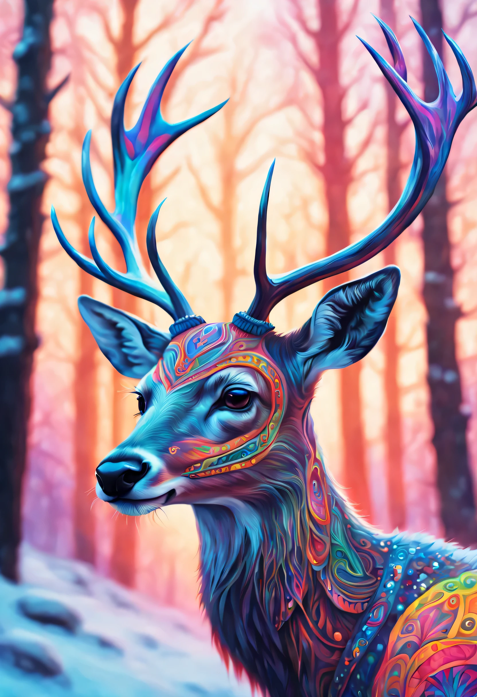 Une magnifique peinture d'un cerf dans le style et les détails du dessin sami, et dans le style psychédélique, couleurs flashy. Rester dans l'univers Sami