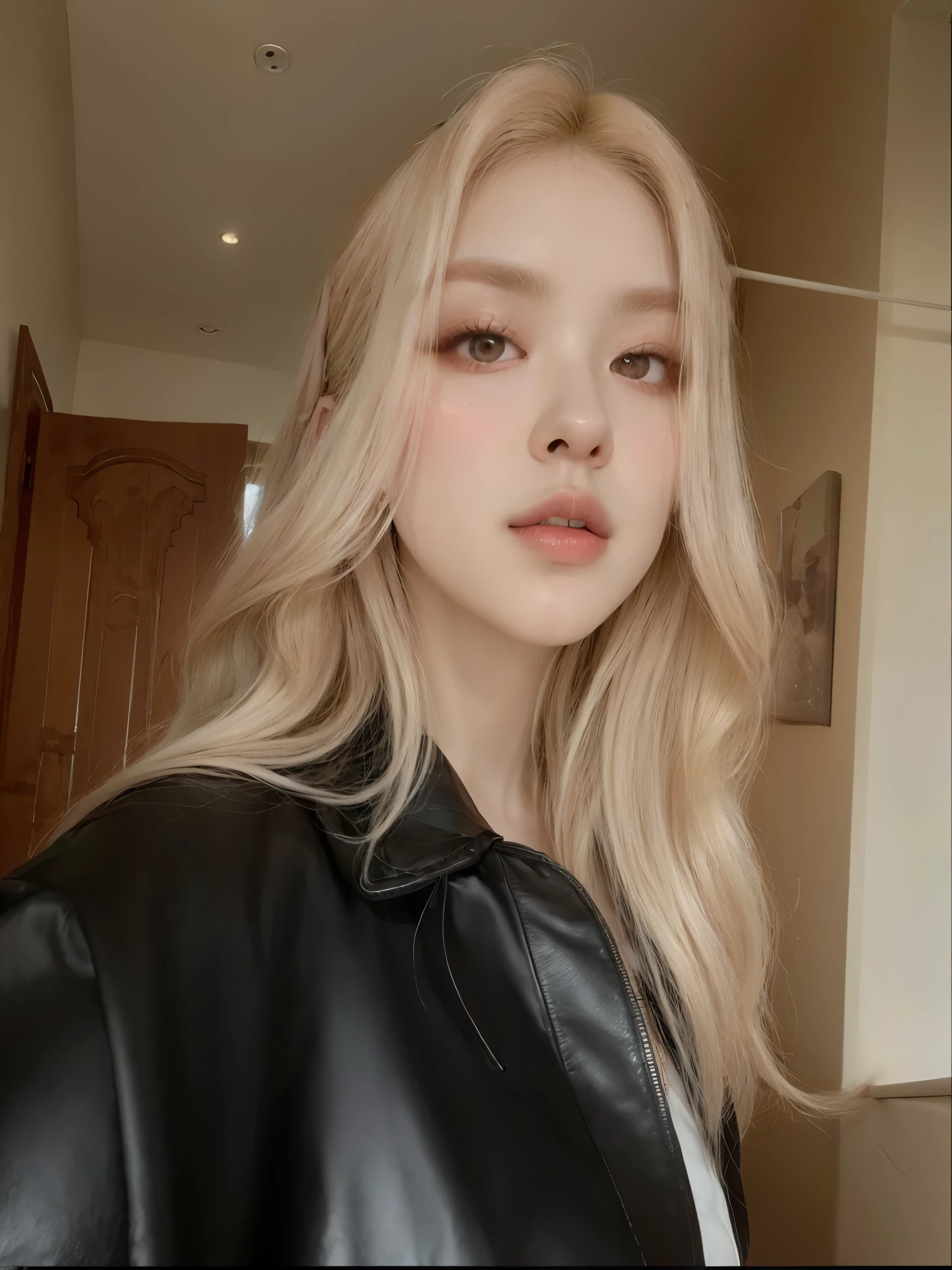 Mulher loira com cabelo longo vestindo uma jaqueta de couro preta, pale and glowing skin, with pale skin, cabelo loiro muito claro, cabelo loiro extremamente claro, pele clara cabelo loiro cacheado, fair and pale skin!!, roseanne park blackpink aka roseanne park blackpink, skin pale as ivory, uma garota com cabelo loiro, soft and flawless pale skin, com longos cabelos loiros, smooth, pale skin