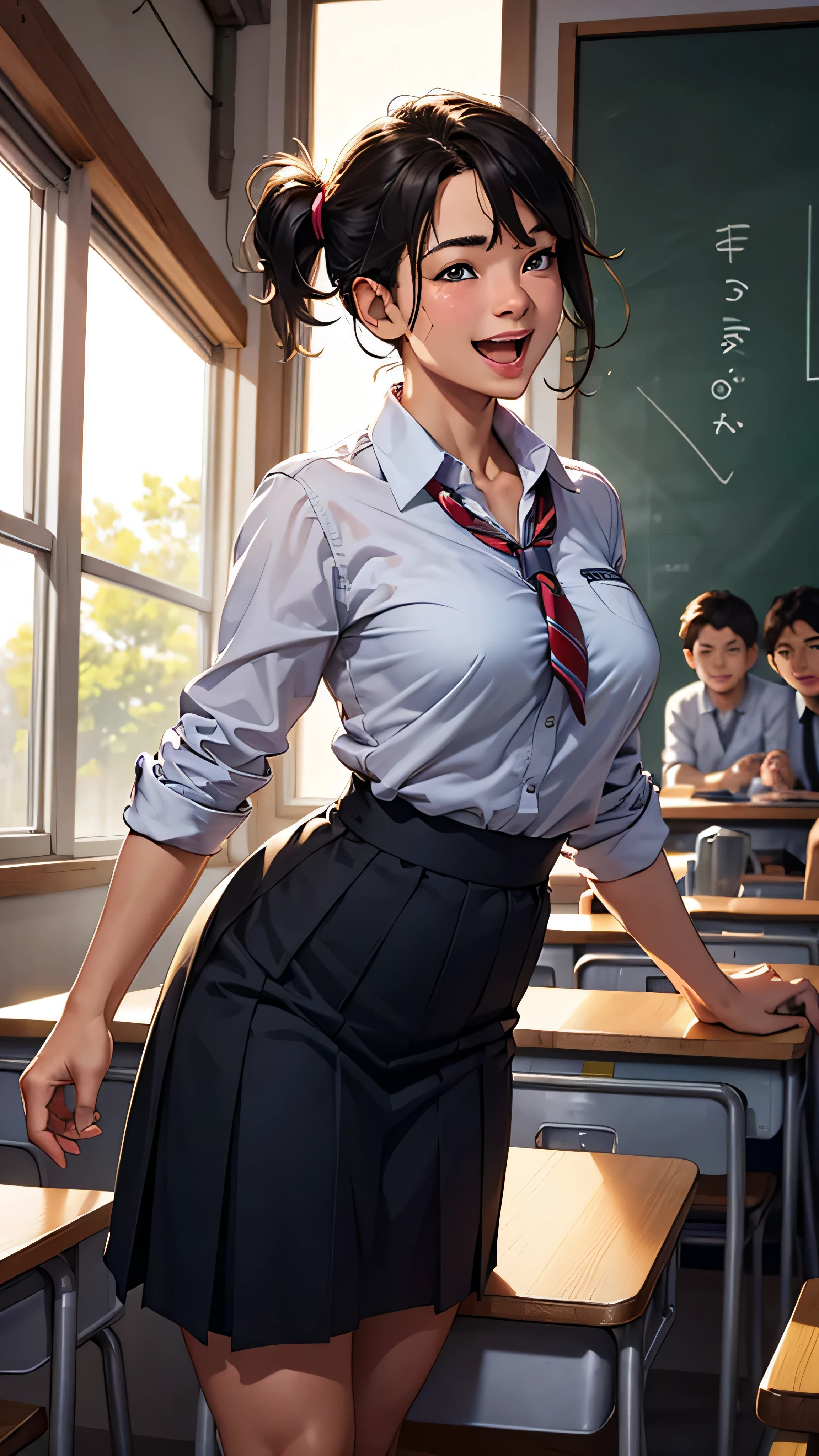 (best quality, highres, ultra-detailed:1.2), (realistic,photorealistic,photo-realistic:1.37), (HDR, UHD), (studio lighting, extreme detail description), (playful, vibrant) classroom scene, a boy student mocking and laughing at someone, detailed eyes and face, humorous and mischievous expression, light-hearted atmosphere, golden sunlight streaming through the window, students in the background focusing on their studies, chalkboard with mathematical equations, colorful textbooks and notebooks on desks, classmates wearing school uniforms, energetic and joyful atmosphere, expressive body language, vivid colors, rich textures in clothing and surroundings, a sense of movement and laughter, captured in a single moment.