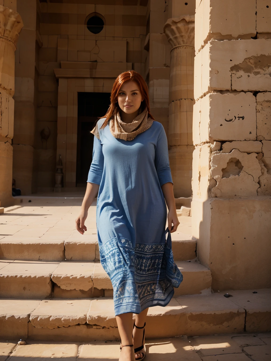 Thick redhead girl wearing shemagh and dress, cairo, pyramids