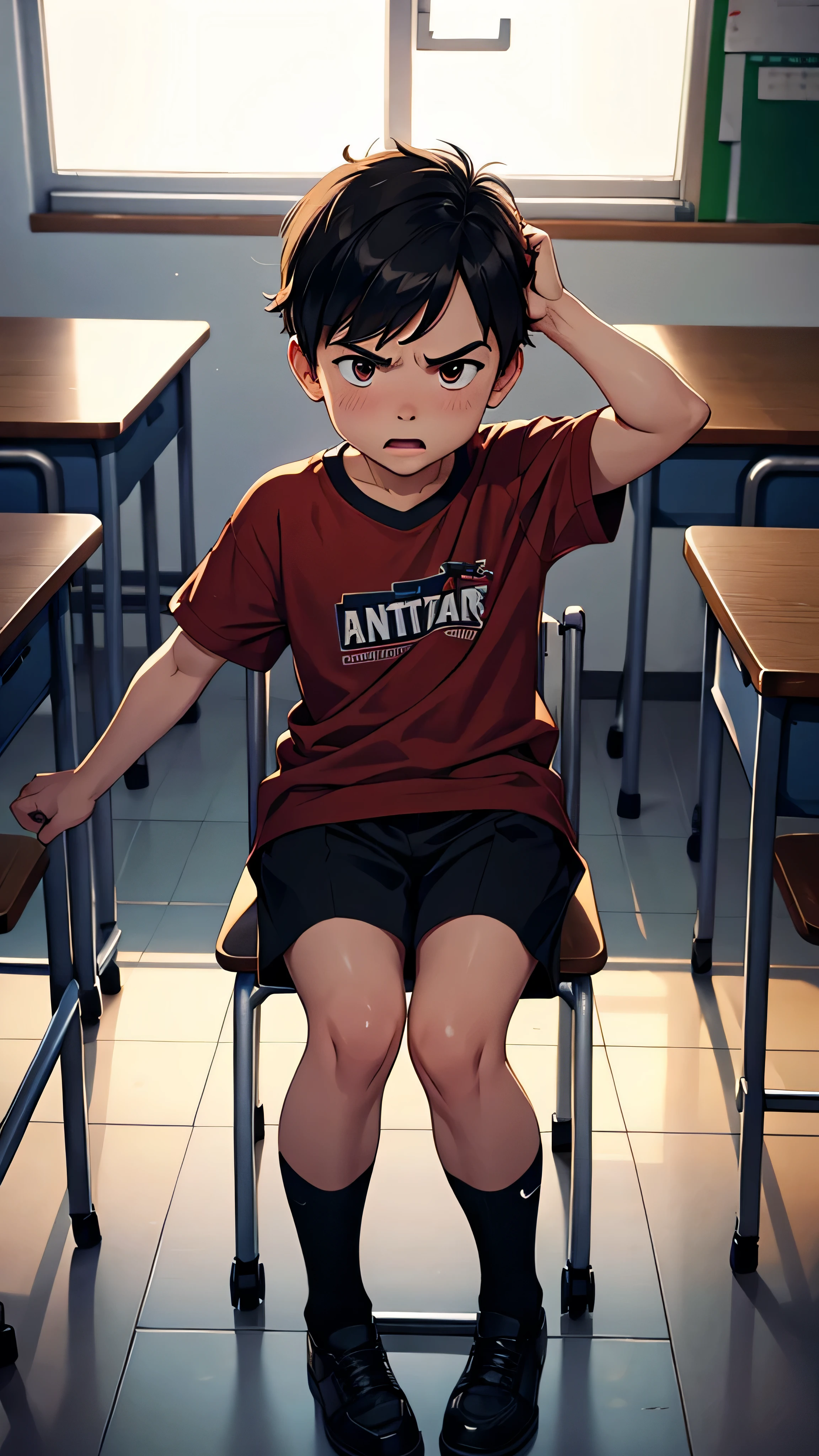 An angry and embarrassed 5 boy in classroom