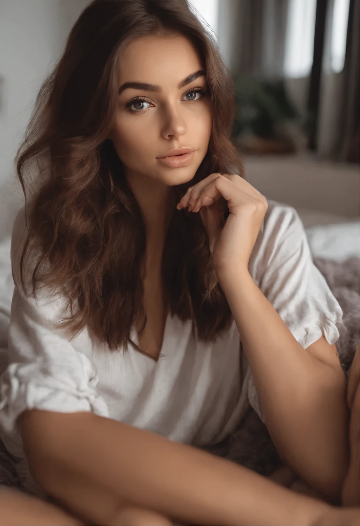 Arafed in the same T-shirt and panties, Sexy girl with brown eyes, Portrait of Sophie Mudd, brown hair and big eyes, selfie of a young woman, eyes in the bedroom, Violet Myers, No makeup, Natural makeup, looking straight into the camera, face with artgram, subtle makeup, amazing full body shot, split, sitting at the dining table