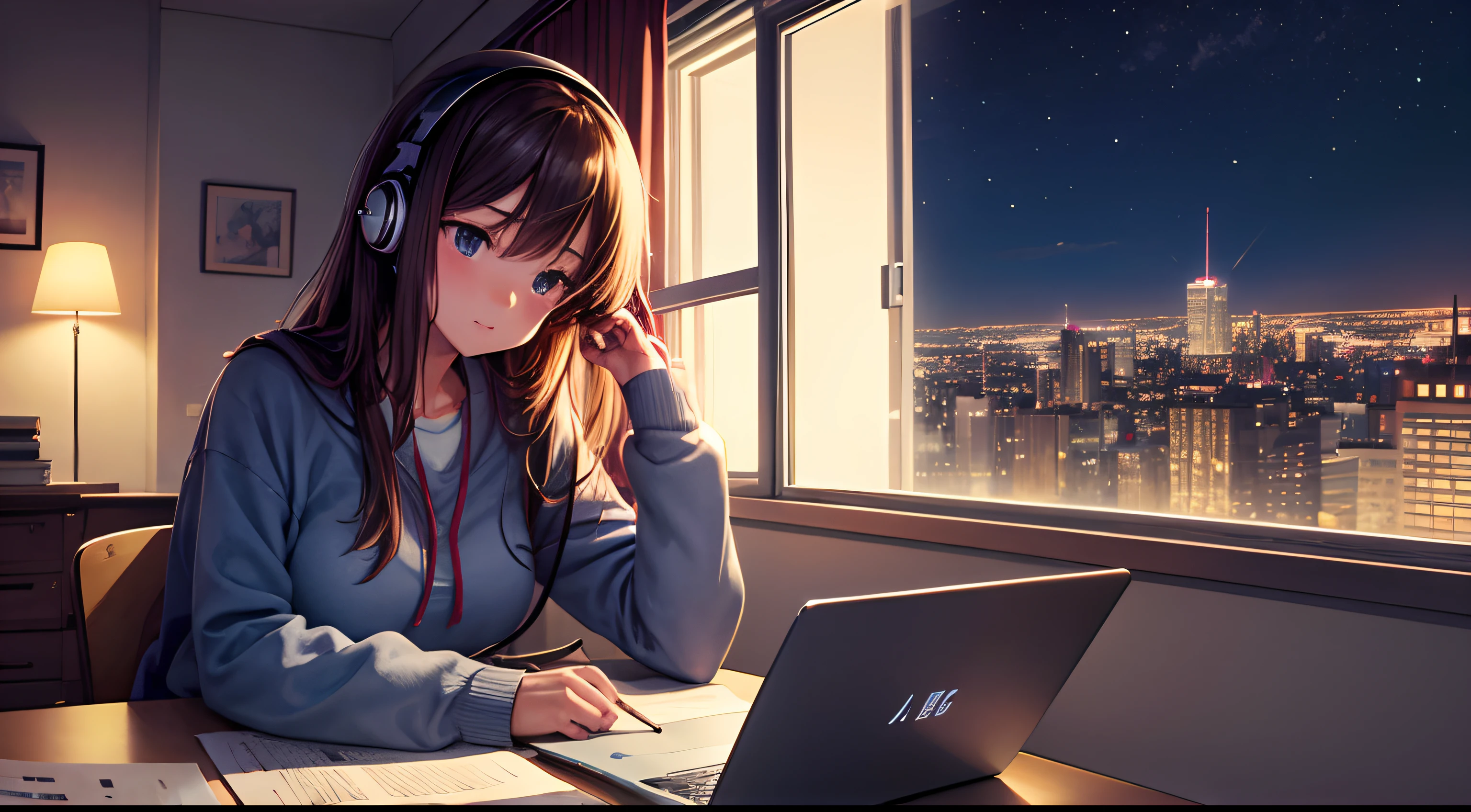 lofi music anime illustration, close-up of, girl studying in the room, with the book, Laptop,  View of the city at night, listen to music while studying, Nice atmosphere and slightly dark room