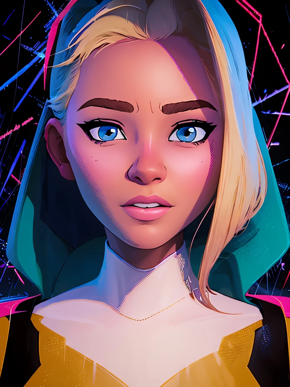 (((A comic style, cartoon art))). ((1girl, solo, lonly)).(masterpiece, best quality), intricate details, 1girl, ****, gwen stacy, blonde hair , blue hair , short hair, animification ,eyebrow piercing 3DMM,  ((Abstract Comic background )) , vivid colors, detailed, detailed face, realistic shadows and bright, glowing.